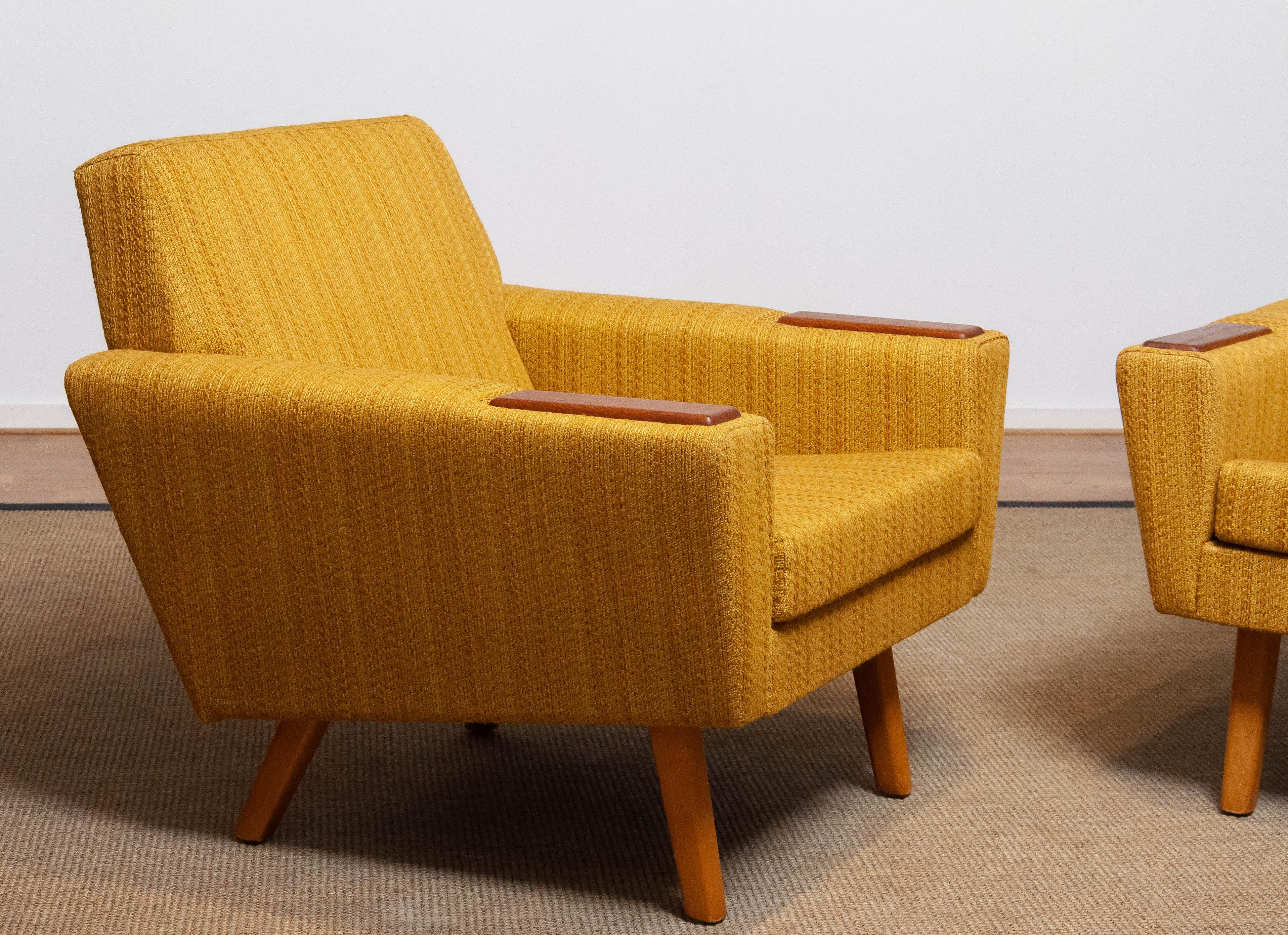 Pair Scandinavian Lounge / Club Chairs with Teak Paws and Ocher Fabric