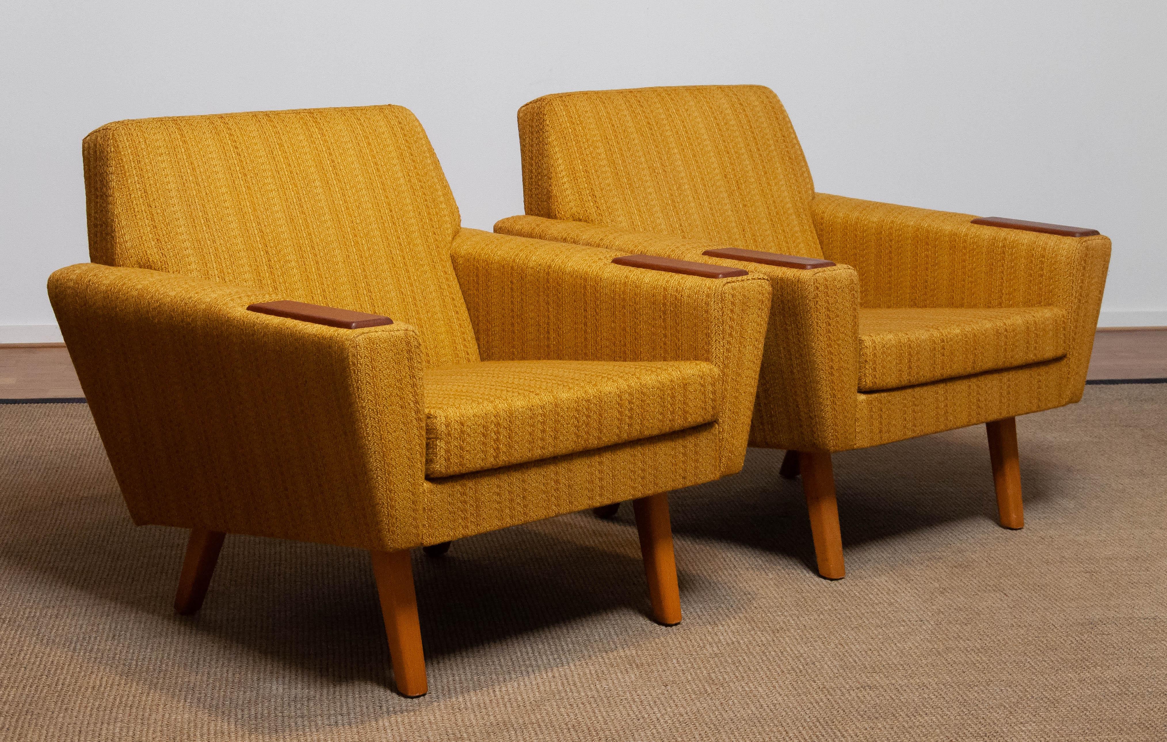 Danish Pair Scandinavian Lounge / Club Chairs with Teak Paws and Ocher Fabric, Denmark For Sale
