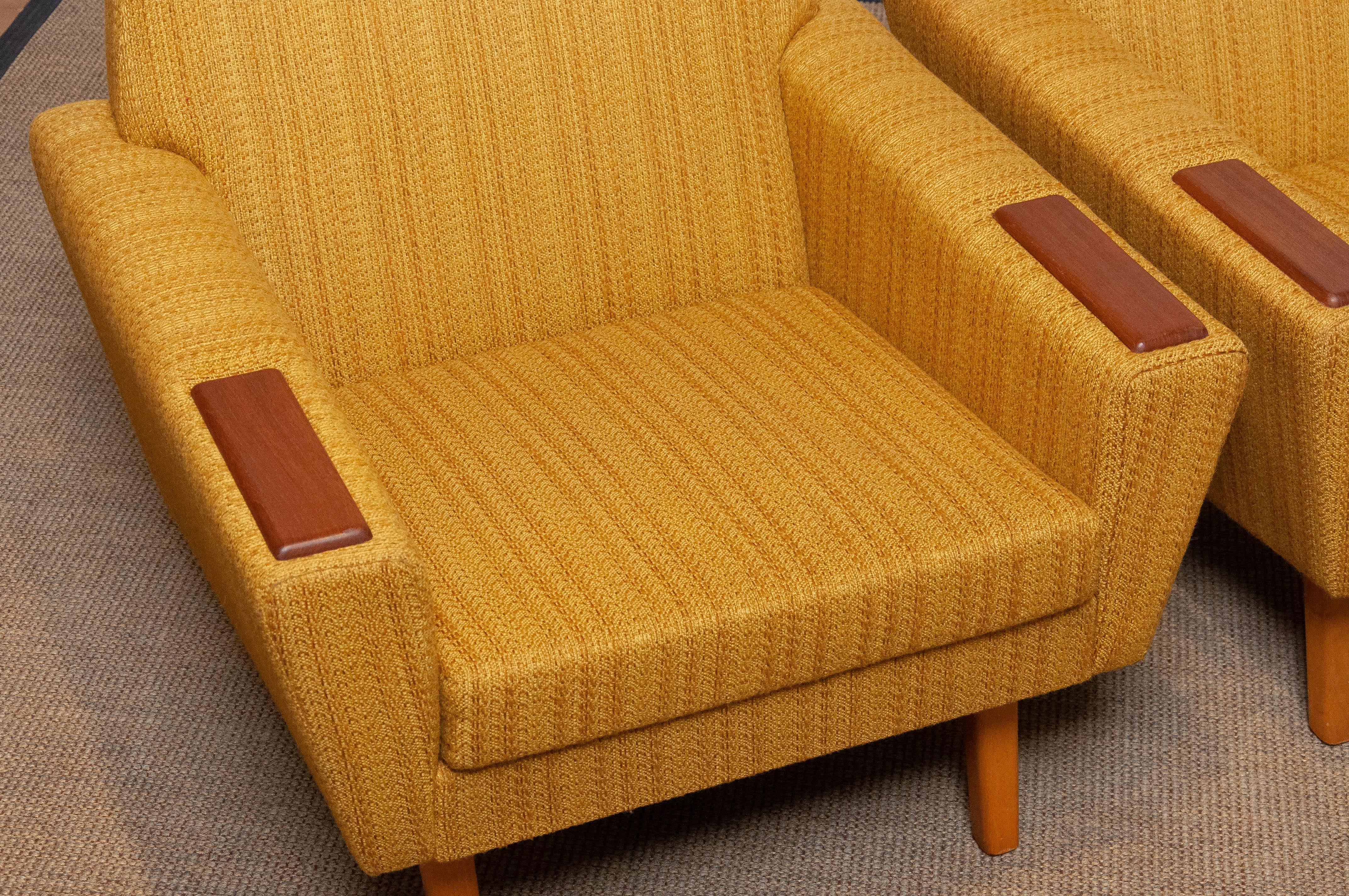 Mid-20th Century Pair Scandinavian Lounge / Club Chairs with Teak Paws and Ocher Fabric, Denmark For Sale