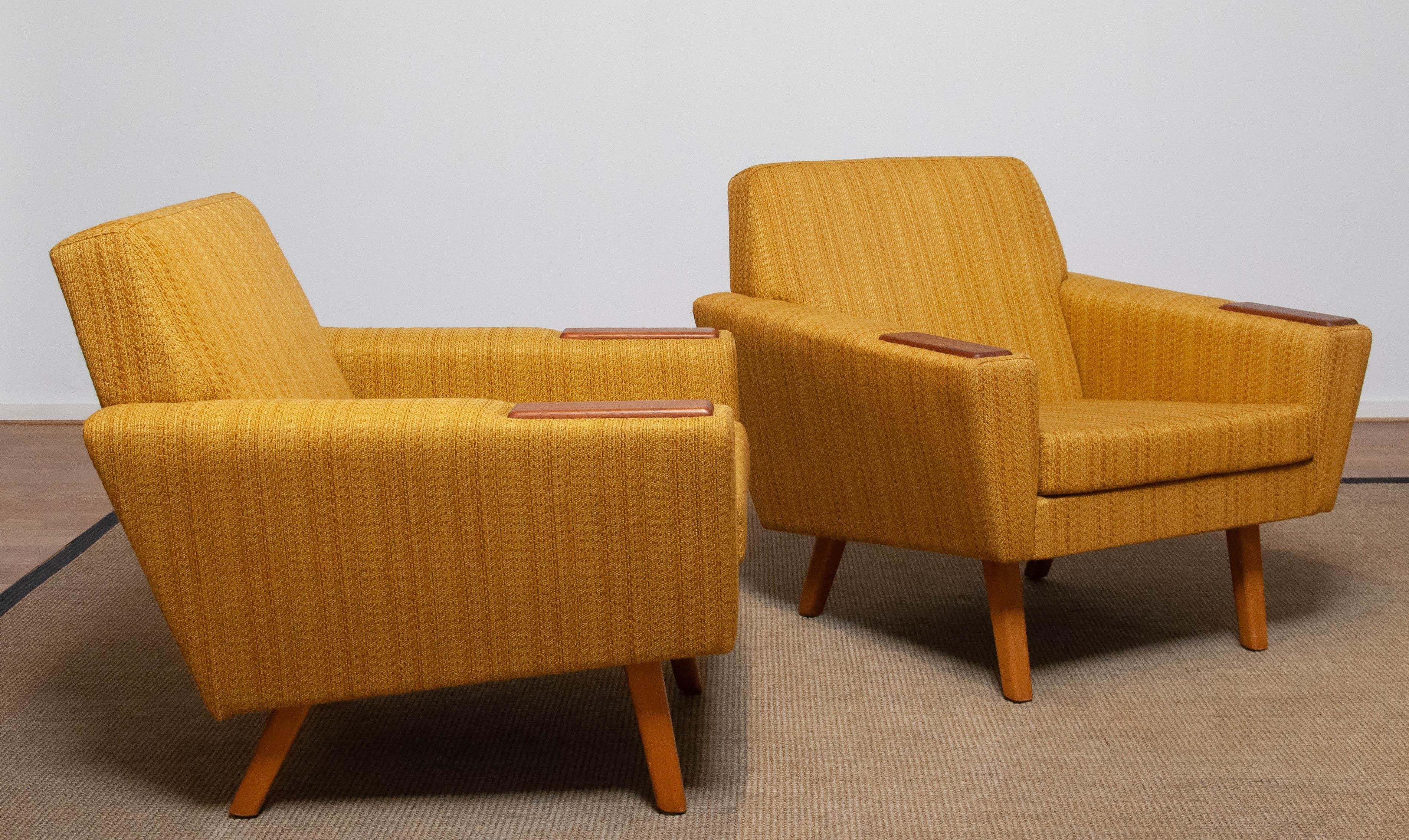 Pair Scandinavian Lounge / Club Chairs with Teak Paws and Ocher Fabric, Denmark For Sale 2