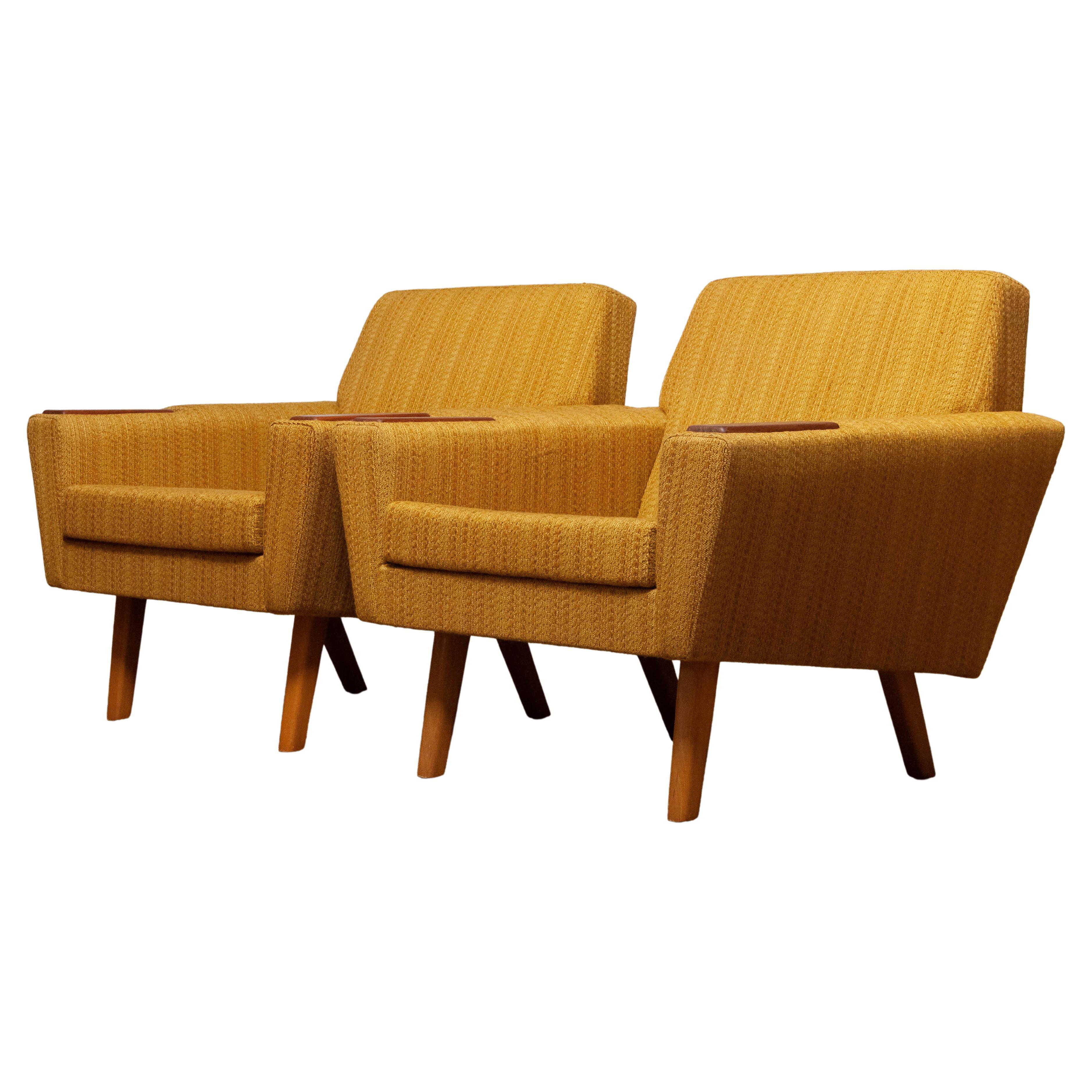 Pair Scandinavian Lounge / Club Chairs with Teak Paws and Ocher Fabric, Denmark For Sale