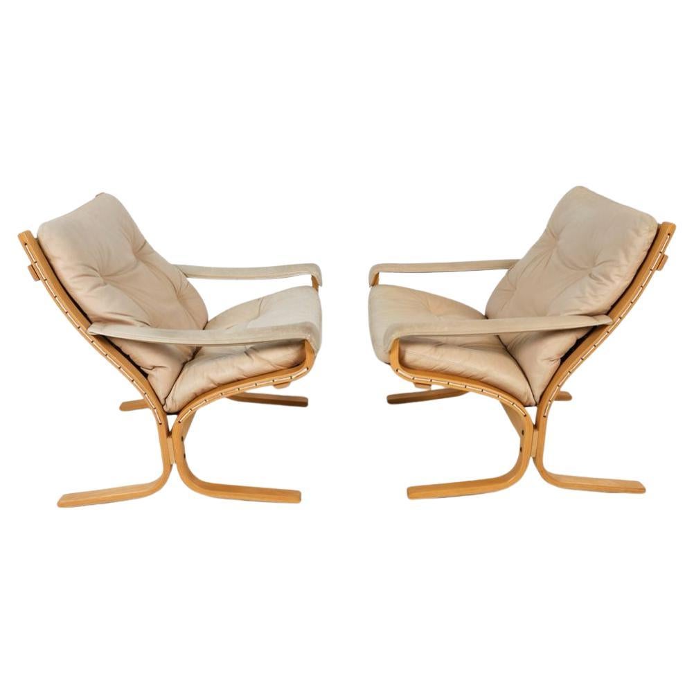 Pair Scandinavian Modern beige Leather Siesta Low Safari Lounge Chairs Westnofa