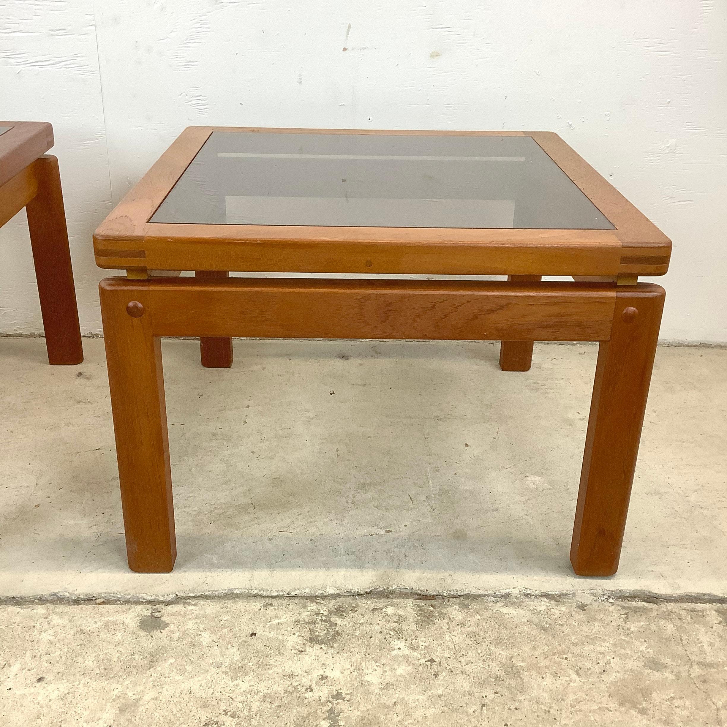 Glass Pair Scandinavian Modern End Tables With Teak Joinery For Sale