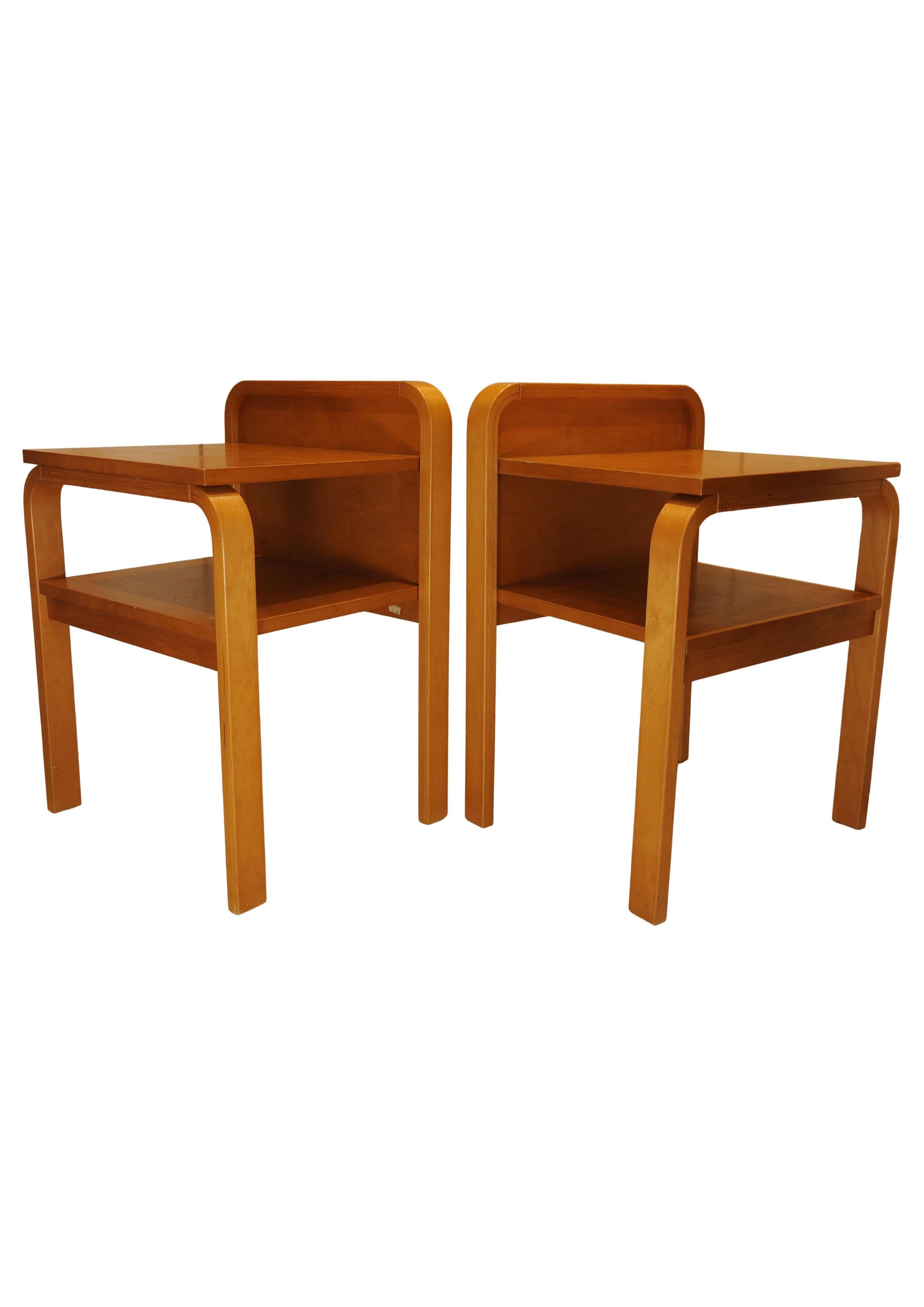Pair Scandinavian Modern Isku Oy Finland Bent Plywood Birch Bedside Tables For Sale 6