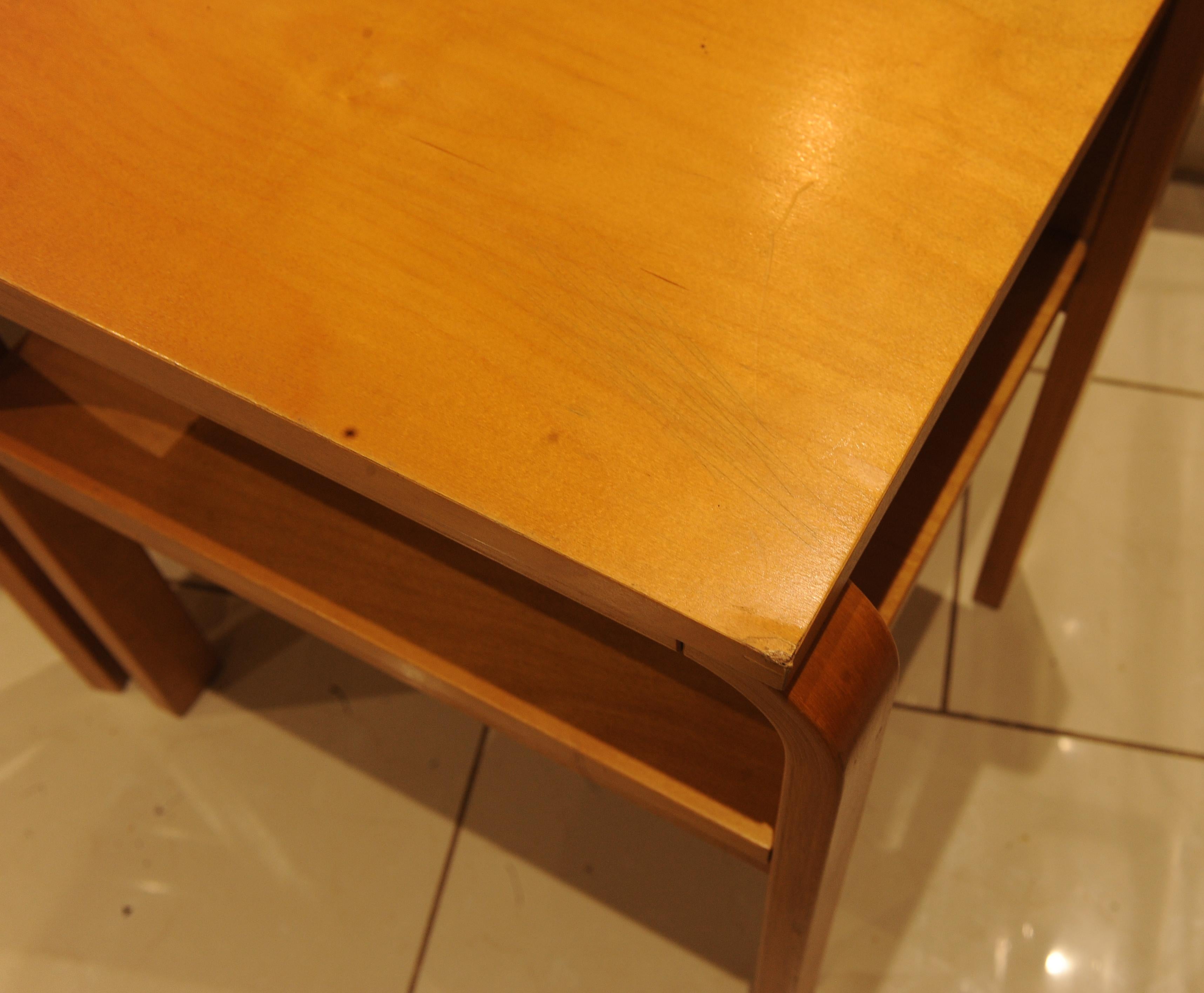 Pair Scandinavian Modern Isku Oy Finland Bent Plywood Birch Bedside Tables For Sale 11