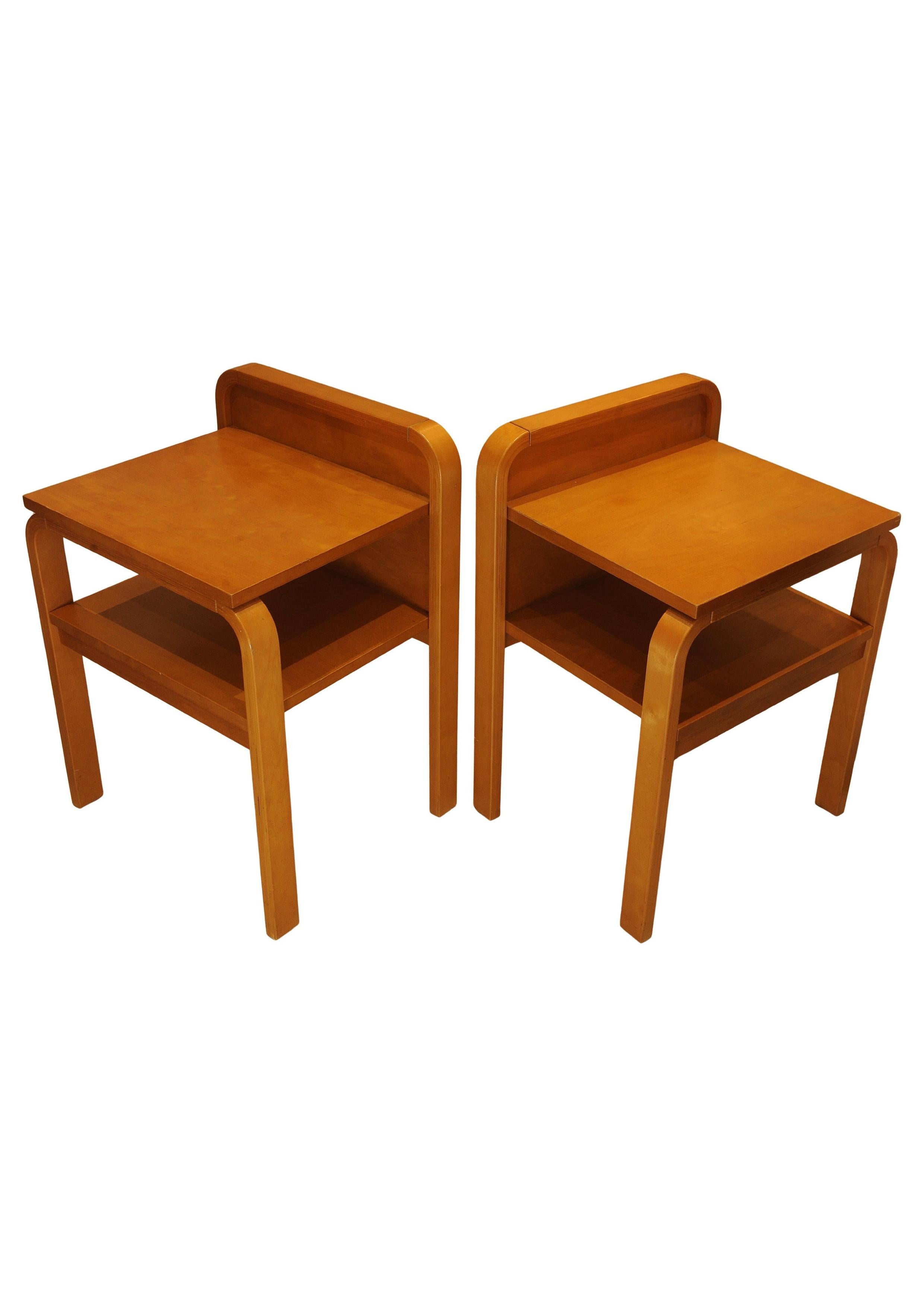 Finnish Pair Scandinavian Modern Isku Oy Finland Bent Plywood Birch Bedside Tables For Sale