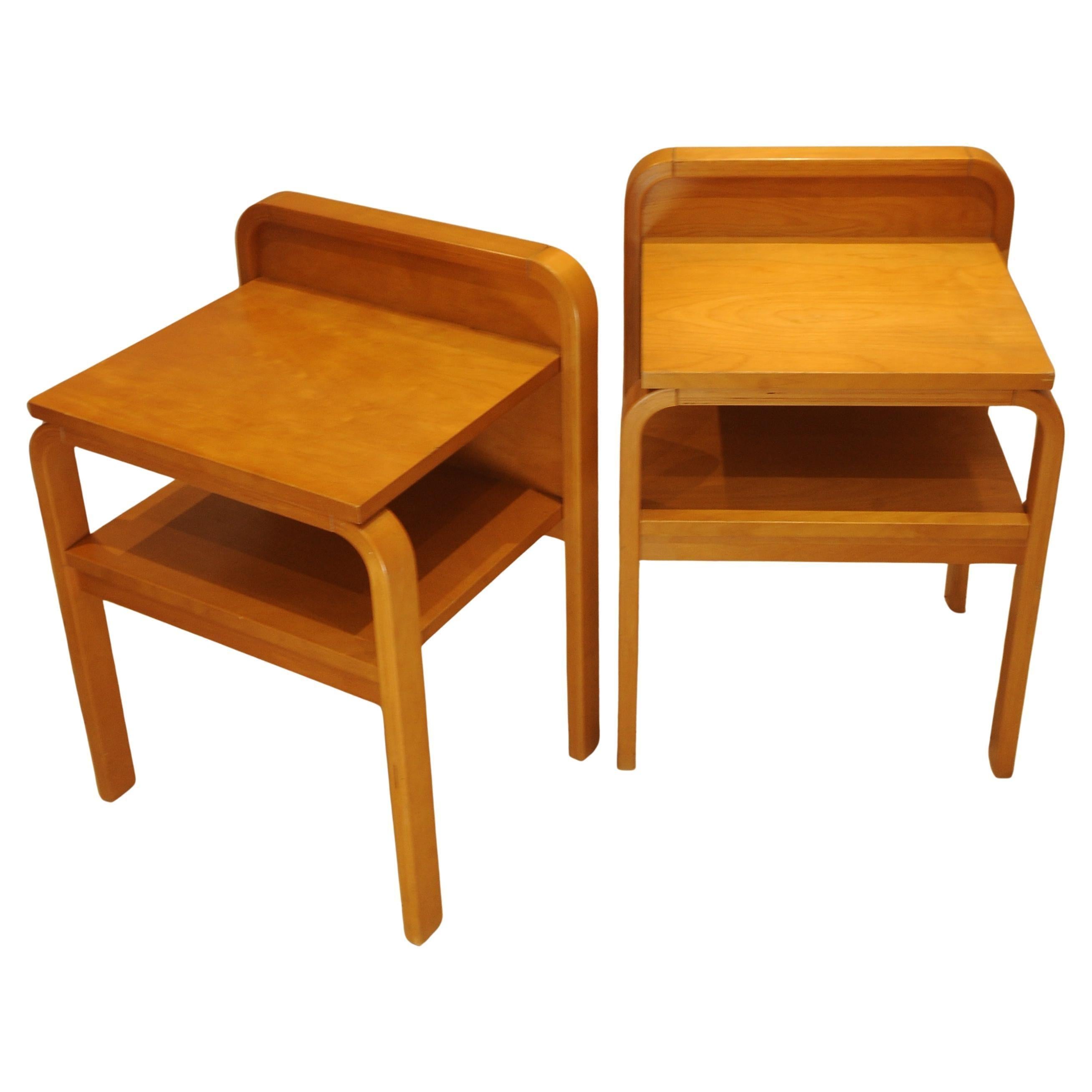Hand-Crafted Pair Scandinavian Modern Isku Oy Finland Bent Plywood Birch Bedside Tables For Sale