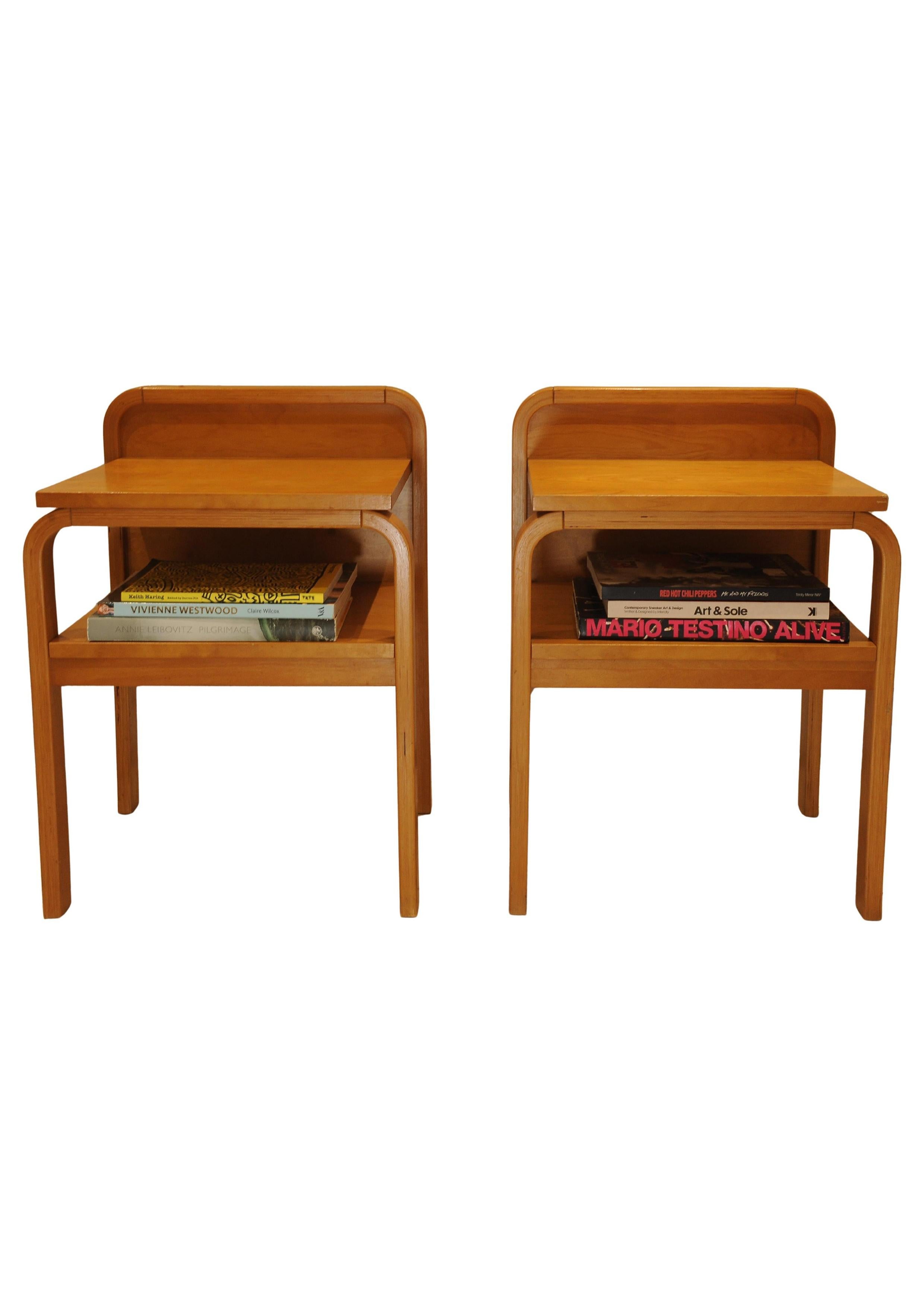 Pair Scandinavian Modern Isku Oy Finland Bent Plywood Birch Bedside Tables