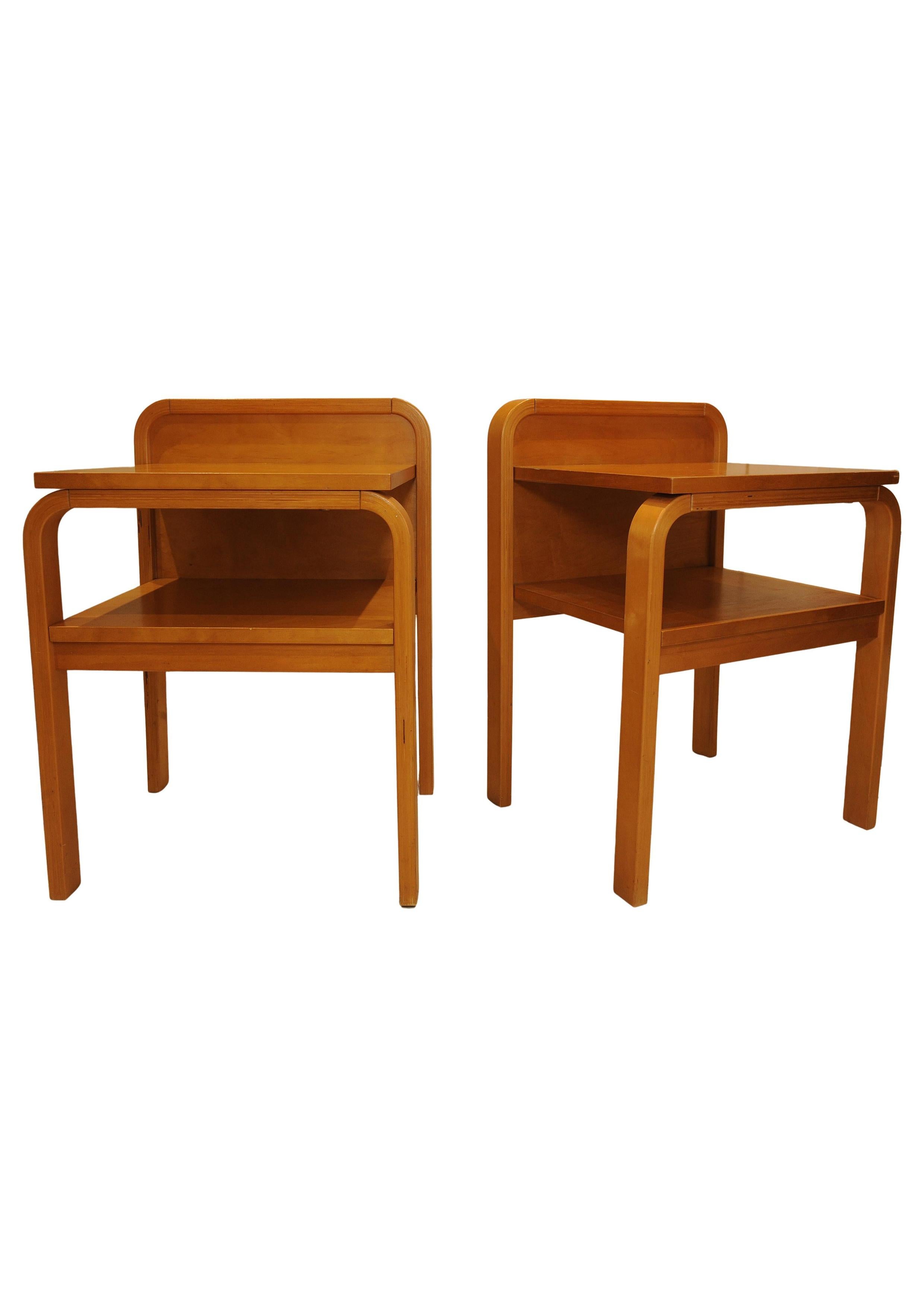 Pair Scandinavian Modern Isku Oy Finland Bent Plywood Birch Bedside Tables For Sale 1
