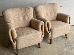 Pair Scandinavian Modern Lounge Chairs, Bouclé & Beech, 1940s