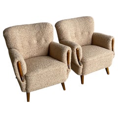 Pair Scandinavian Modern Lounge Chairs, Bouclé & Beech, 1940s