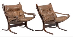 Pair Scandinavian Modern Tan Leather Siesta Low Safari Lounge Chairs Westnofa