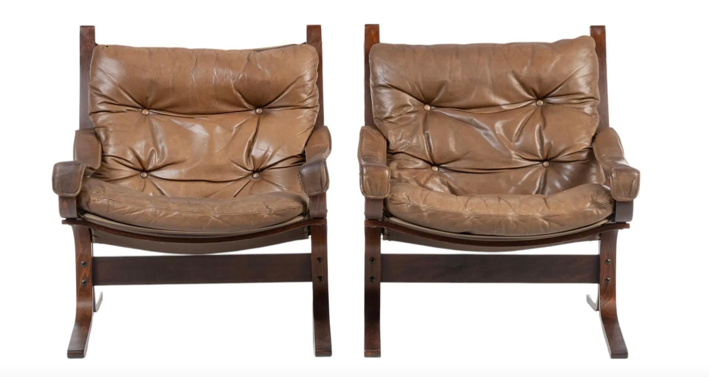 Woodwork Pair Scandinavian Modern Tan Leather Siesta Low Safari Lounge Chairs Westnofa