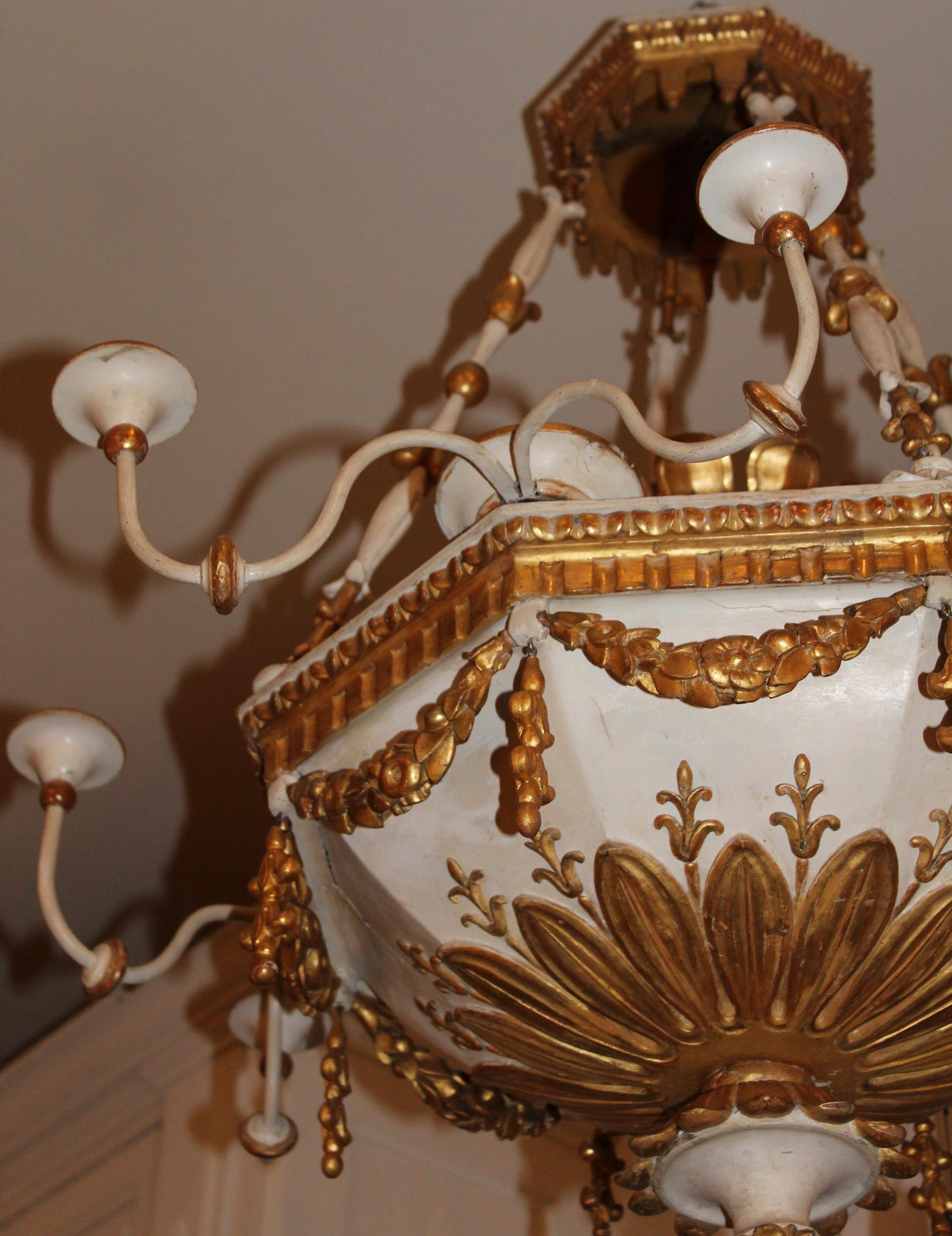 Giltwood Pair of Scandinavian Neoclassical Gilt and Painted Chandeliers, circa 1810