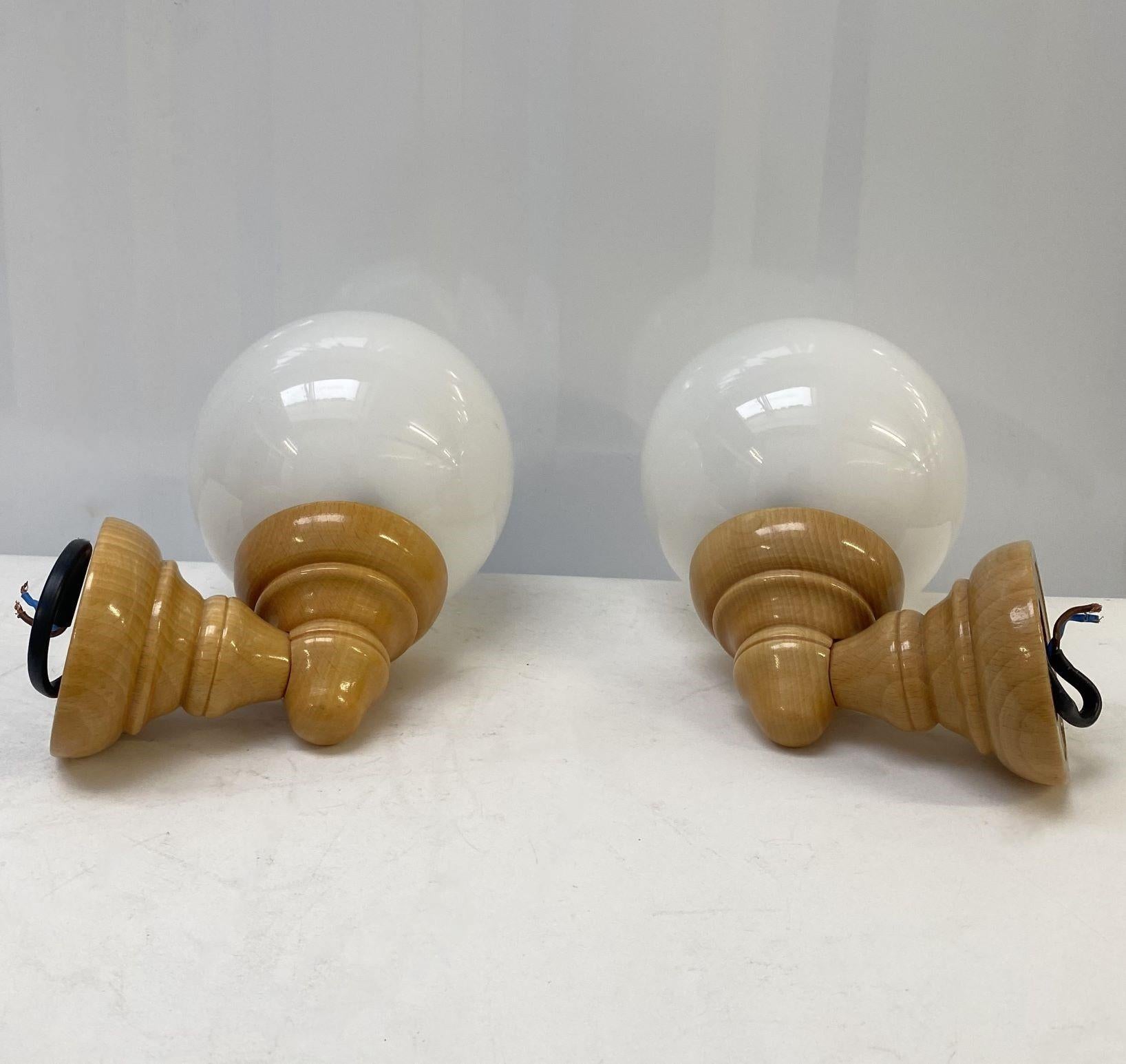 Pair Scandinavian Pine Wood Opaline Glass Wall Sconces, Denmark, 1960s For Sale 6