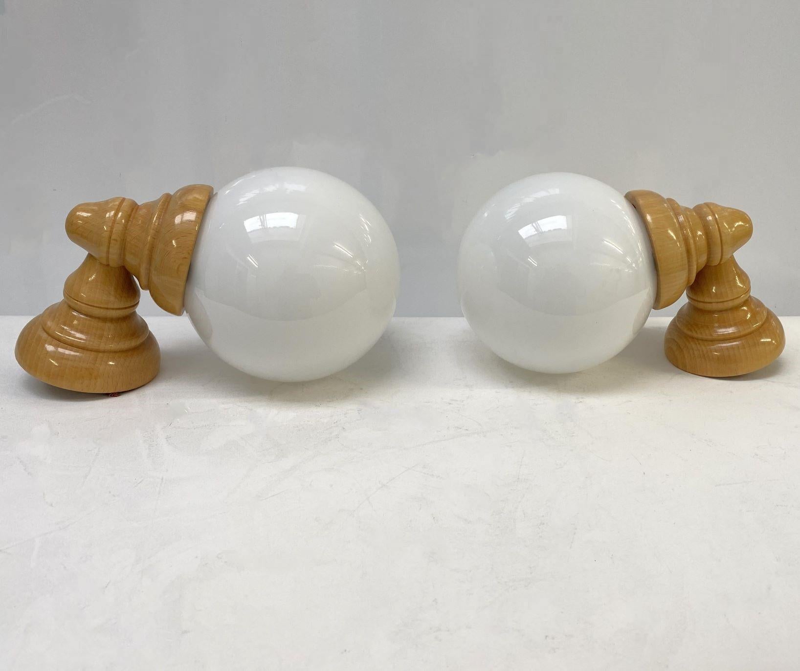 Pair Scandinavian Pine Wood Opaline Glass Wall Sconces, Denmark, 1960s For Sale 5