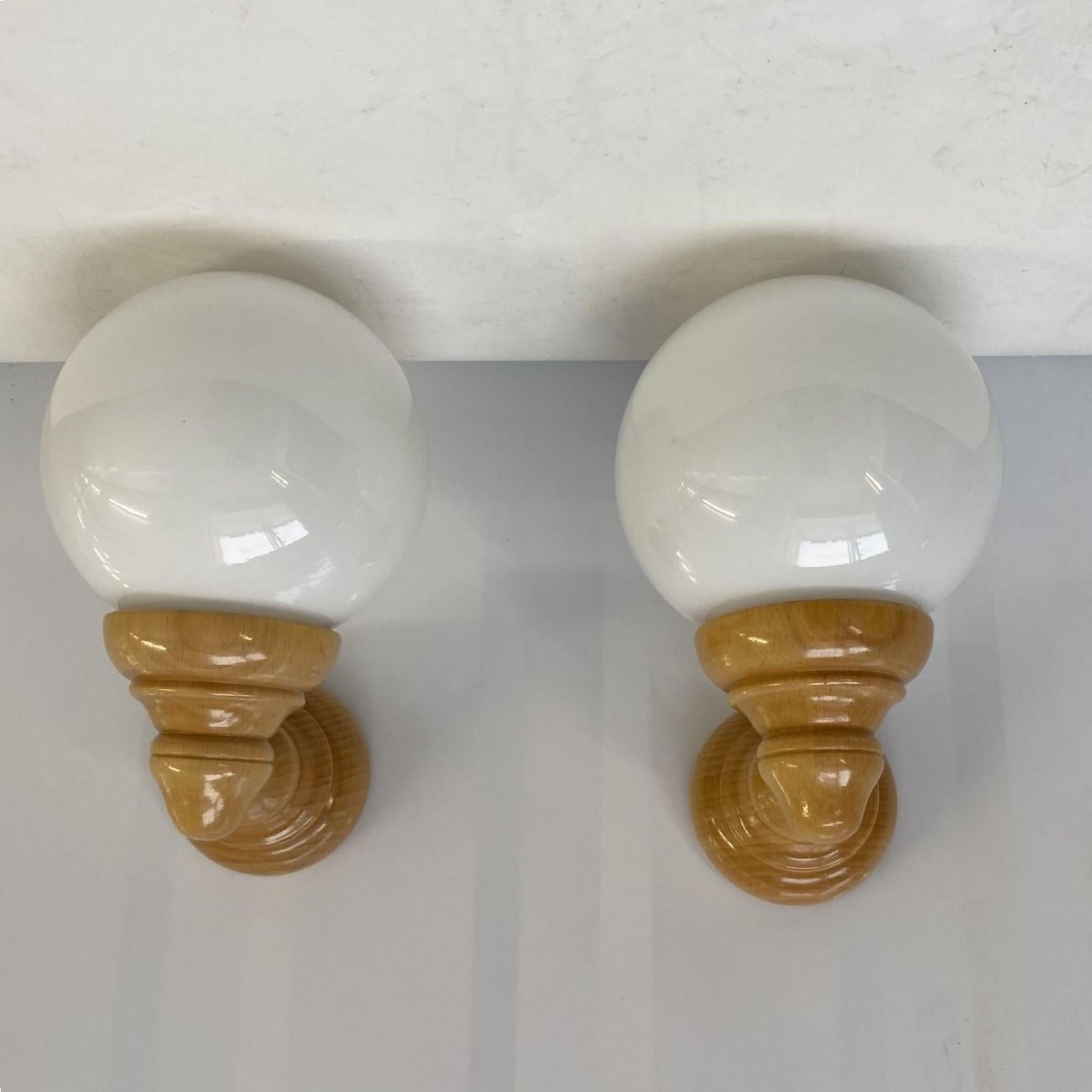 Mid-Century Modern Pair Scandinavian Pine Wood Opaline Glass Wall Sconces, Denmark, 1960s For Sale