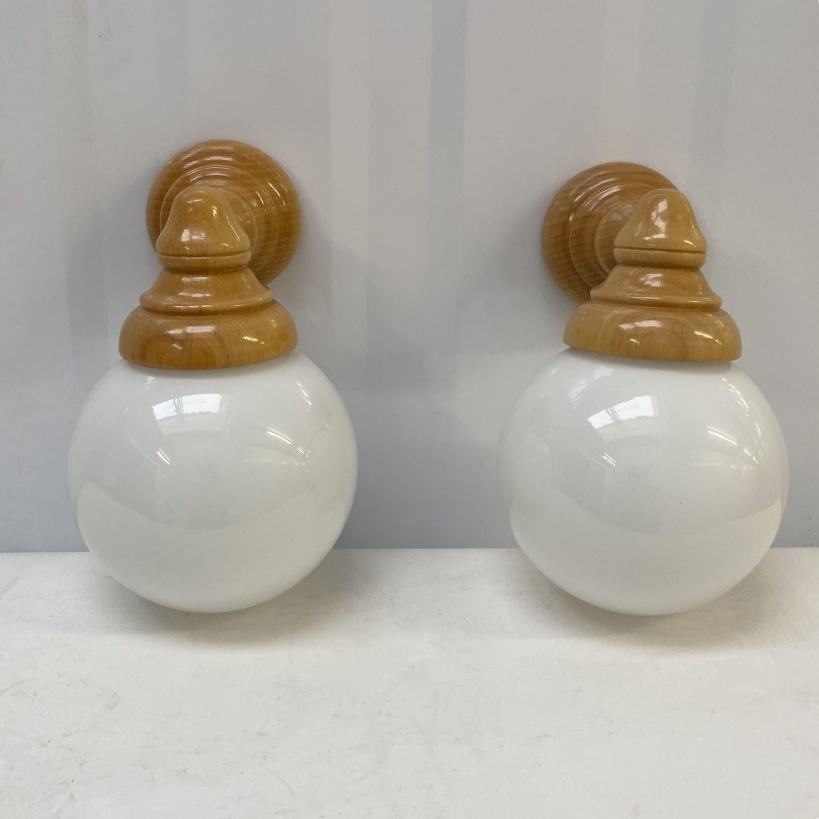 Danish Pair Scandinavian Pine Wood Opaline Glass Wall Sconces, Denmark, 1960s For Sale