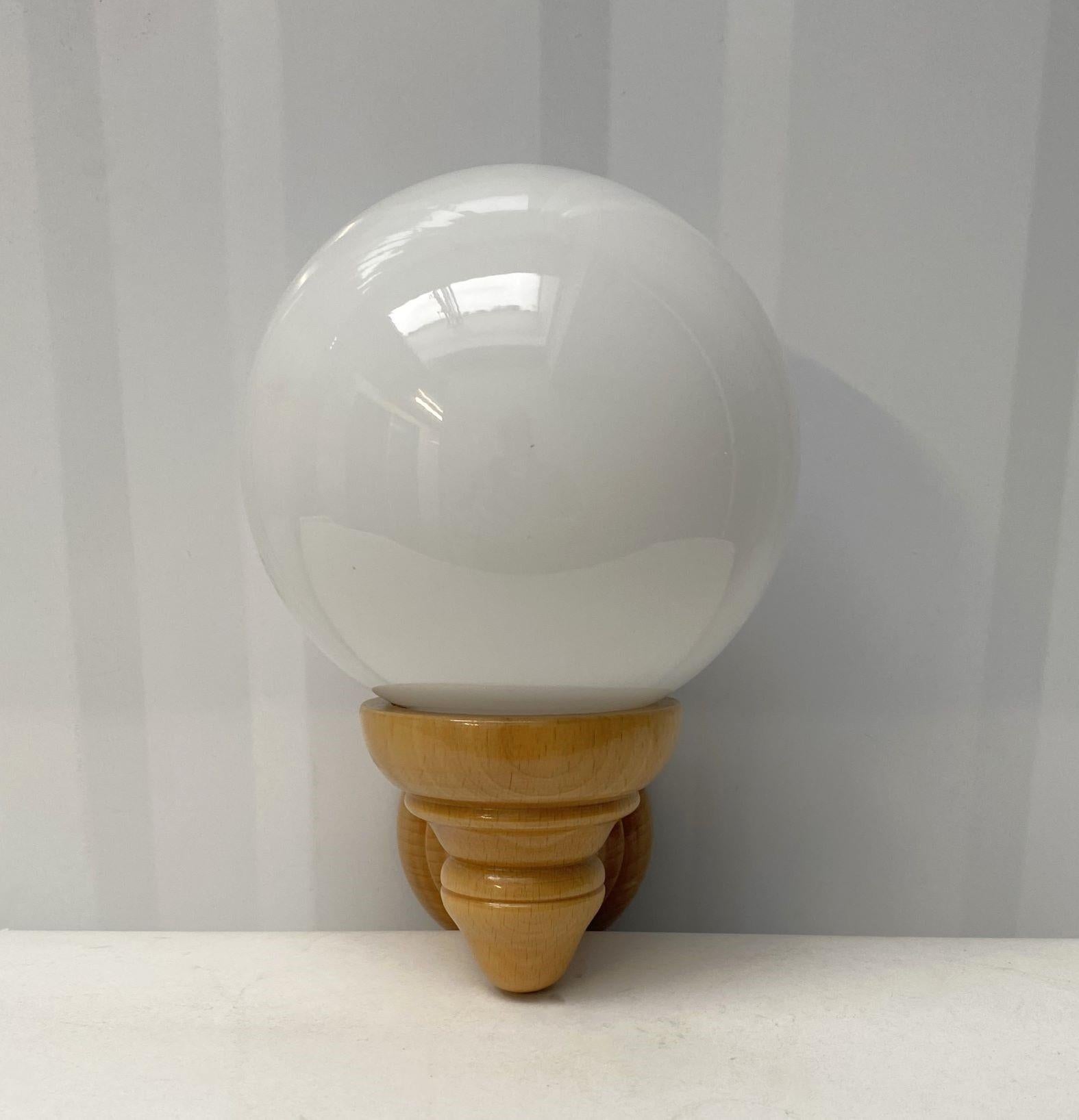 20th Century Pair Scandinavian Pine Wood Opaline Glass Wall Sconces, Denmark, 1960s For Sale