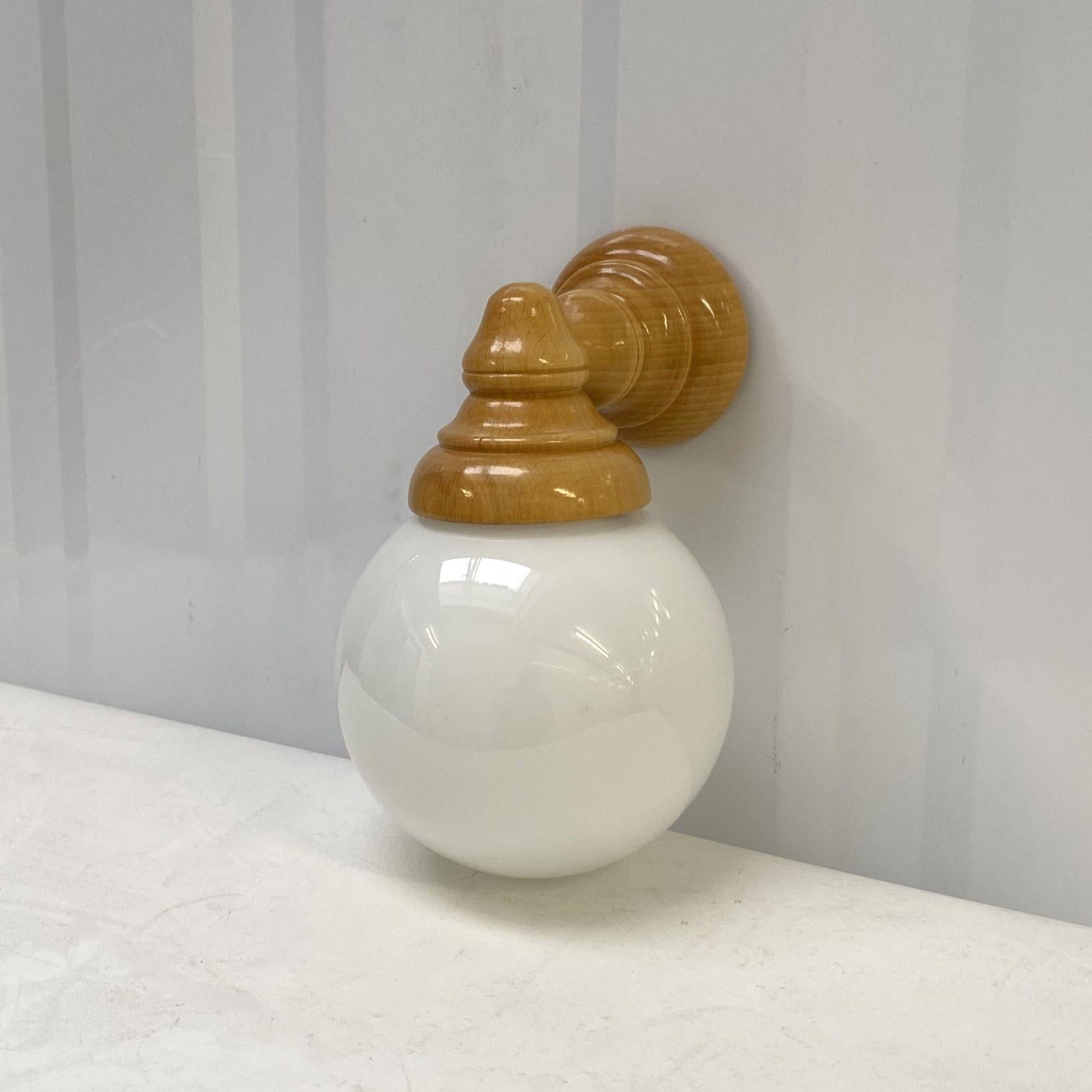 Pair Scandinavian Pine Wood Opaline Glass Wall Sconces, Denmark, 1960s For Sale 1