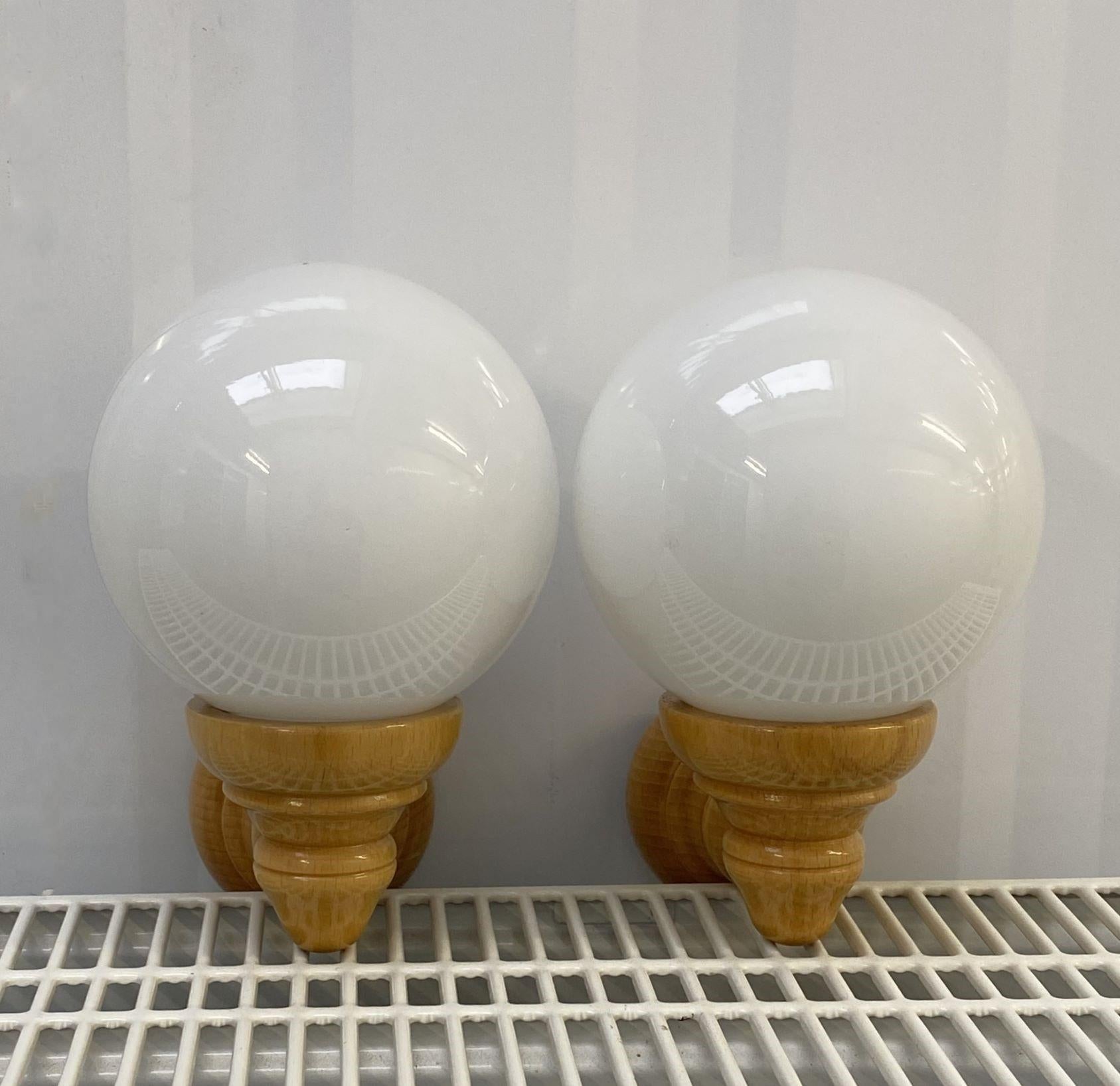 Pair Scandinavian Pine Wood Opaline Glass Wall Sconces, Denmark, 1960s For Sale 2
