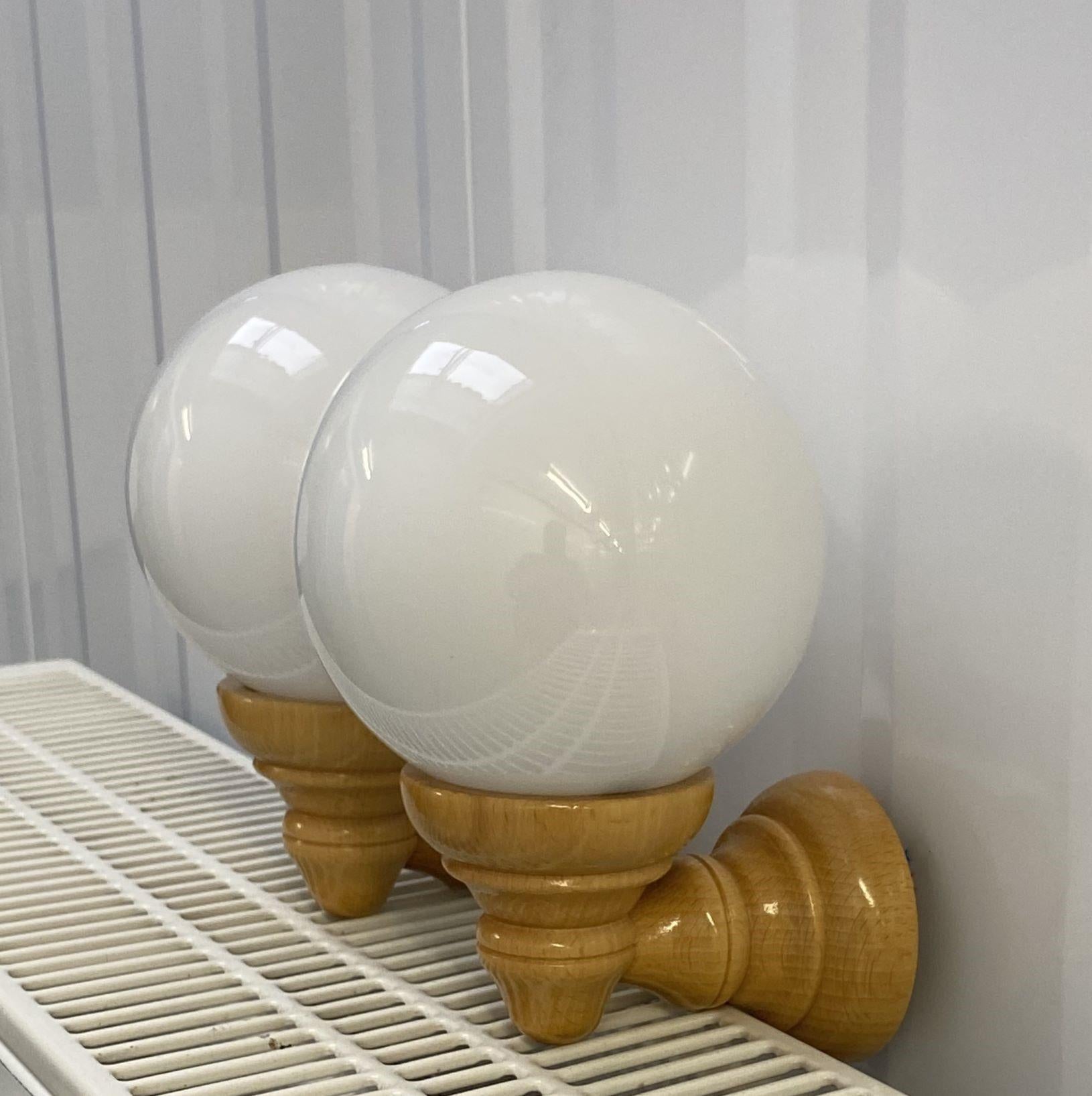 Pair Scandinavian Pine Wood Opaline Glass Wall Sconces, Denmark, 1960s For Sale 3
