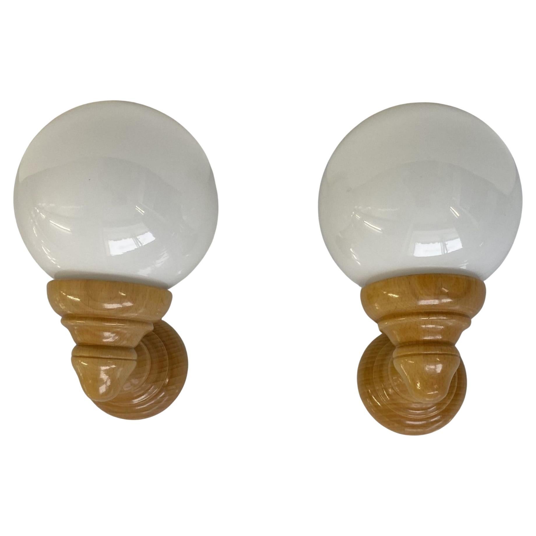 Pair Scandinavian Pine Wood Opaline Glass Wall Sconces, Denmark, 1960s For Sale