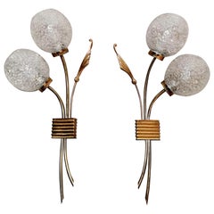 Vintage Pair of Sconces Brass with Glass Sphere Lampshade, Italy, 1950