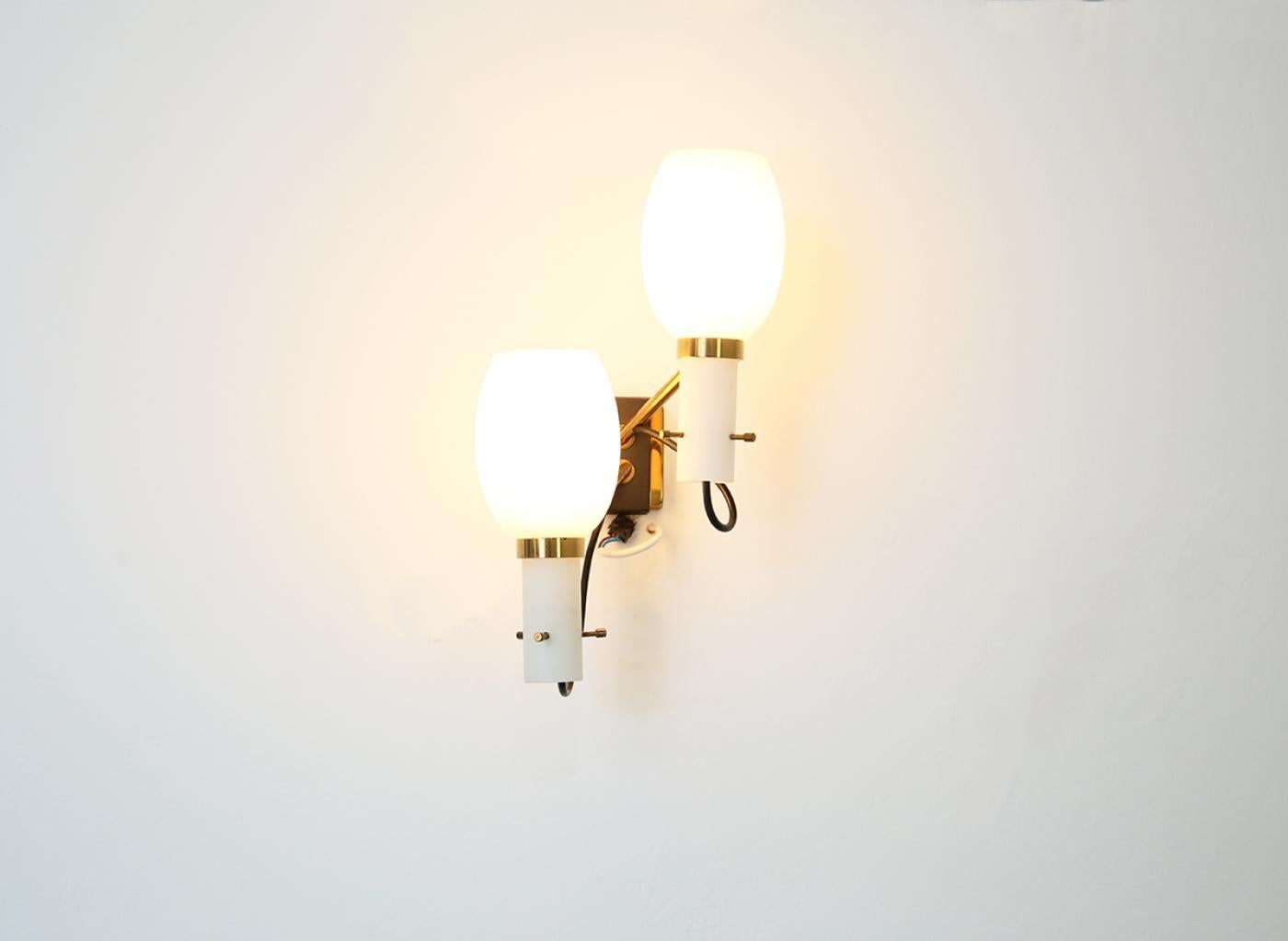 Mid-Century Modern Pair of Sconces Midcentury by Stilnovo Appliques in Brass and Opaline Glass