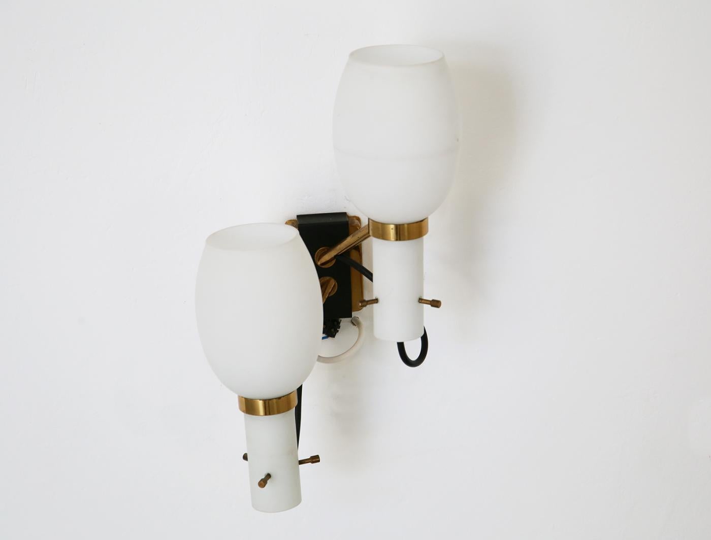 Italian Pair of Sconces Midcentury by Stilnovo Appliques in Brass and Opaline Glass