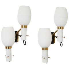 Pair of Sconces Midcentury by Stilnovo Appliques in Brass and Opaline Glass