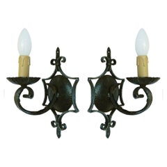 Pair Sconces Wall Lights Spanish France Forged Iron Mid Century