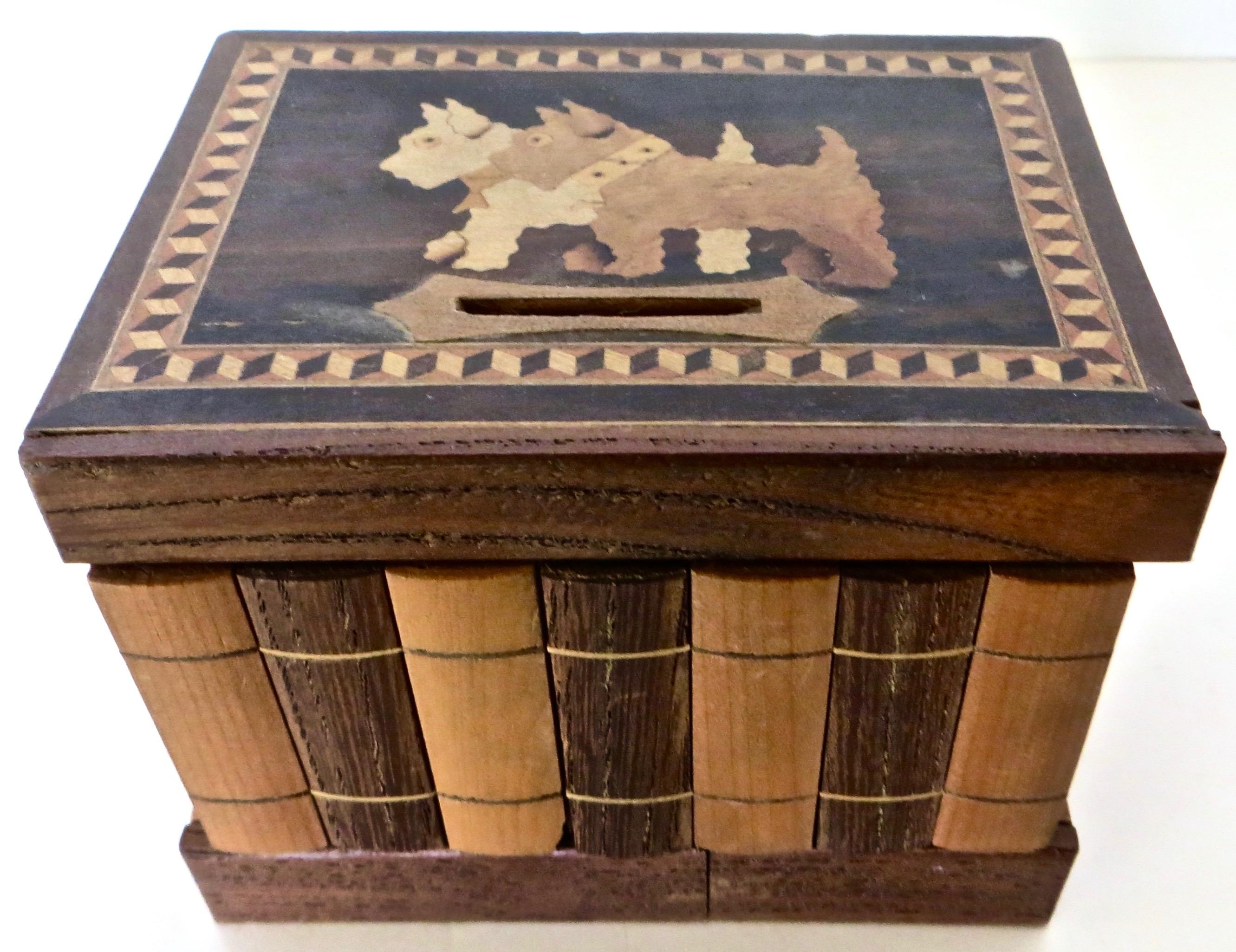 Quite an unusual piece for bank collectors or just for those seeking a unique collectible. This is a coin bank made of all wood; walnut and inlay here and there; simulating a stack and shelf of books; a pair of 