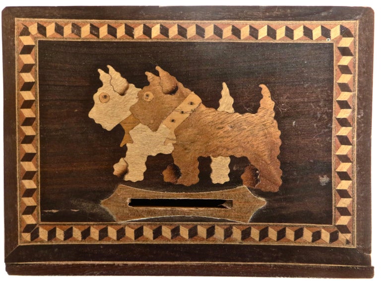 Pair Scottie Dogs Atop Book Theme Japanese Puzzle Bank Occupied