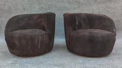 Pair Scroll Corkscrew Black Suede Spring-Loaded Swivel Lounge Chairs Mid-Century