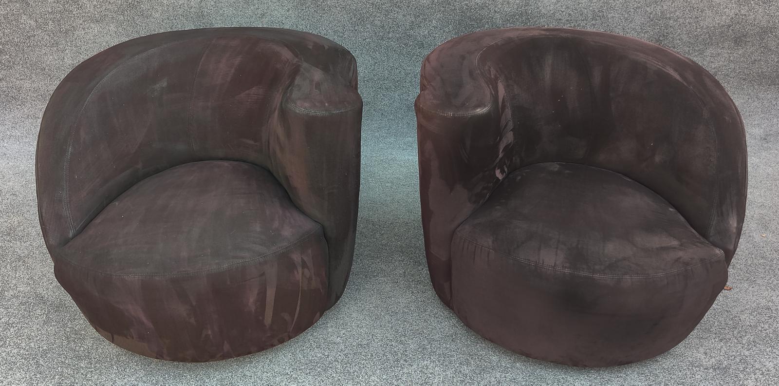 Mid-Century Modern Pair Scroll Corkscrew Black Suede Spring-Loaded Swivel Lounge Chairs Mid-Century