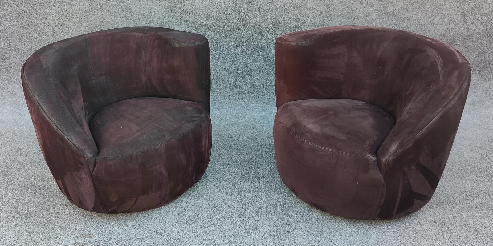 American Pair Scroll Corkscrew Black Suede Spring-Loaded Swivel Lounge Chairs Mid-Century