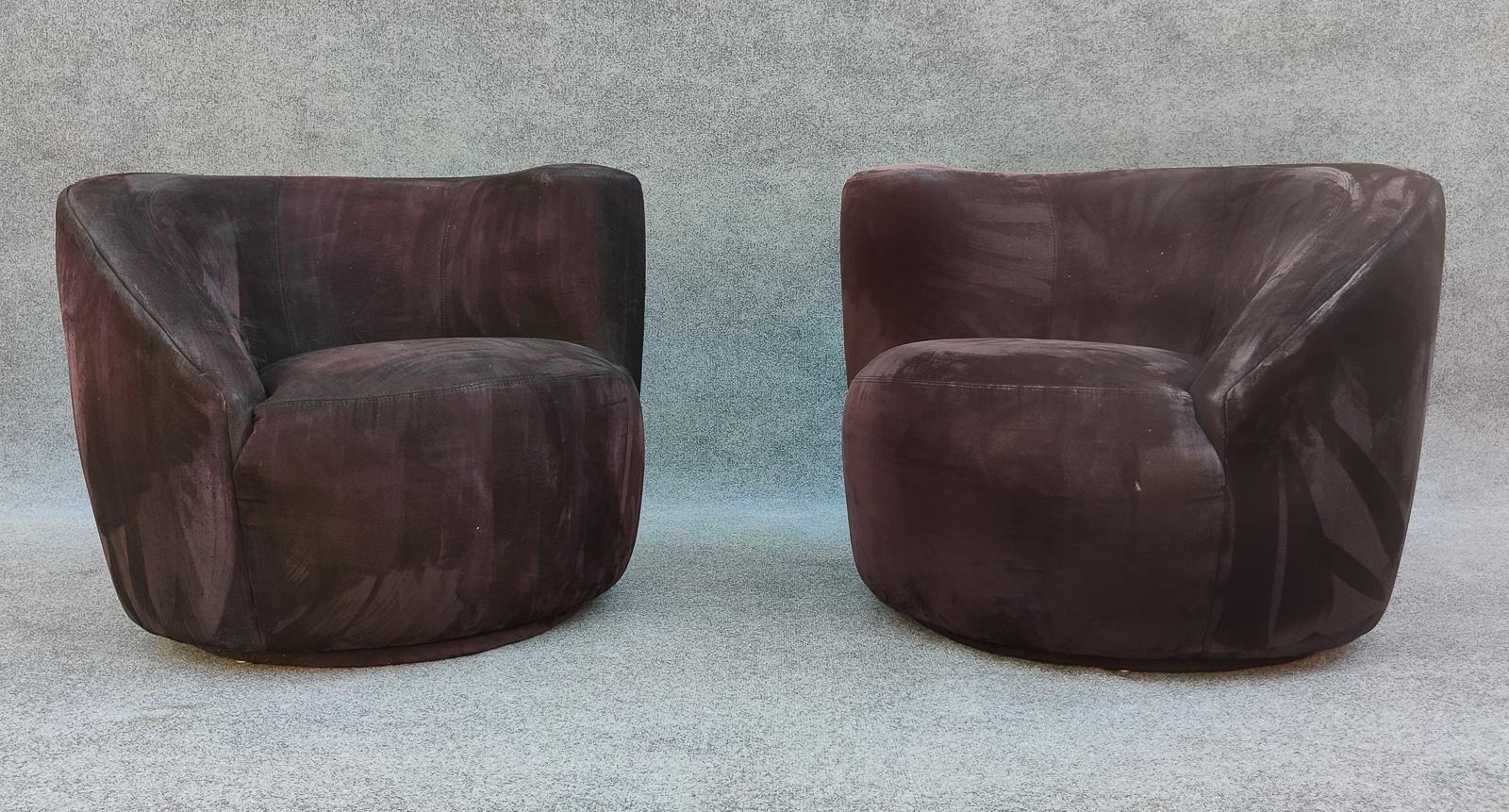 Pair Scroll Corkscrew Black Suede Spring-Loaded Swivel Lounge Chairs Mid-Century In Good Condition In Philadelphia, PA