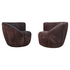 Pair Scroll Corkscrew Black Suede Spring-Loaded Swivel Lounge Chairs Mid-Century