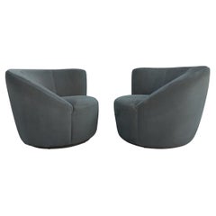 Pair Scroll Corkscrew Dark Green Suede Microfiber Swivel Lounge Chairs MCM