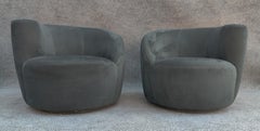 Pair Scroll Corkscrew Dark Green Suede Microfiber Swivel Lounge Chairs MCM