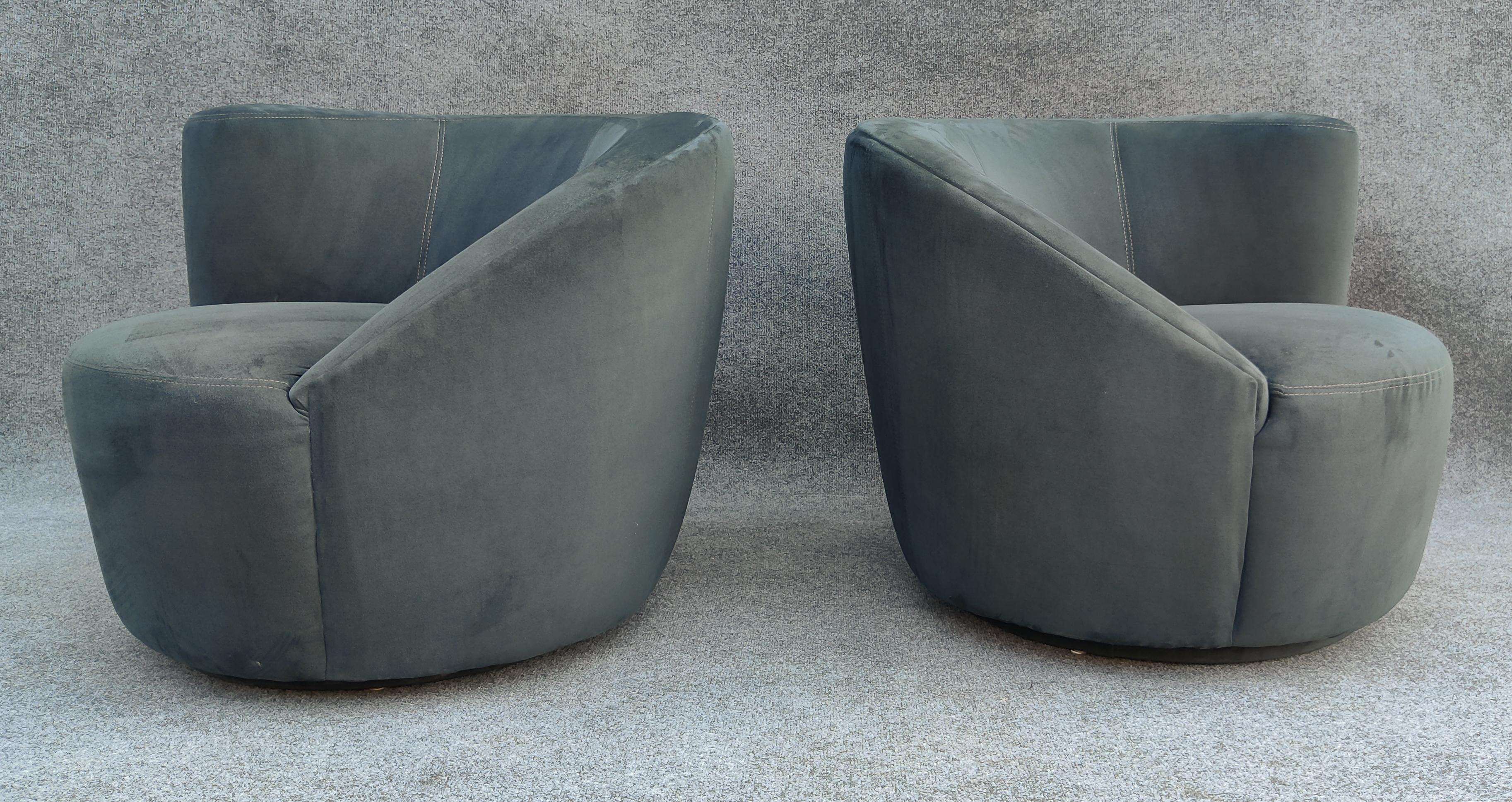 Mid-Century Modern Pair Scroll Corkscrew Dark Green Suede Microfiber Swivel Lounge Chairs MCM