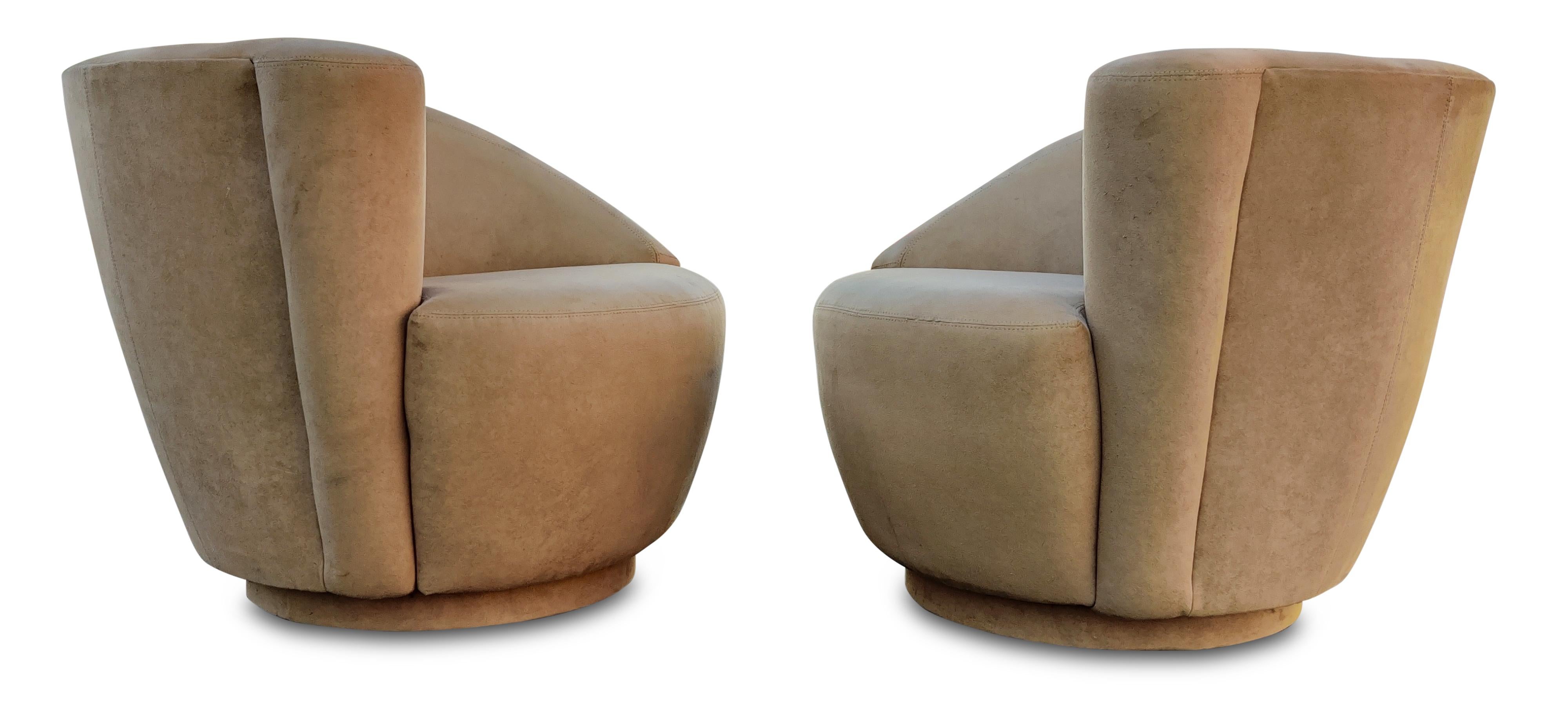 Mid-Century Modern Pair Scroll Corkscrew Light Brown Suede Swivel Lounge Chairs Mid-Century