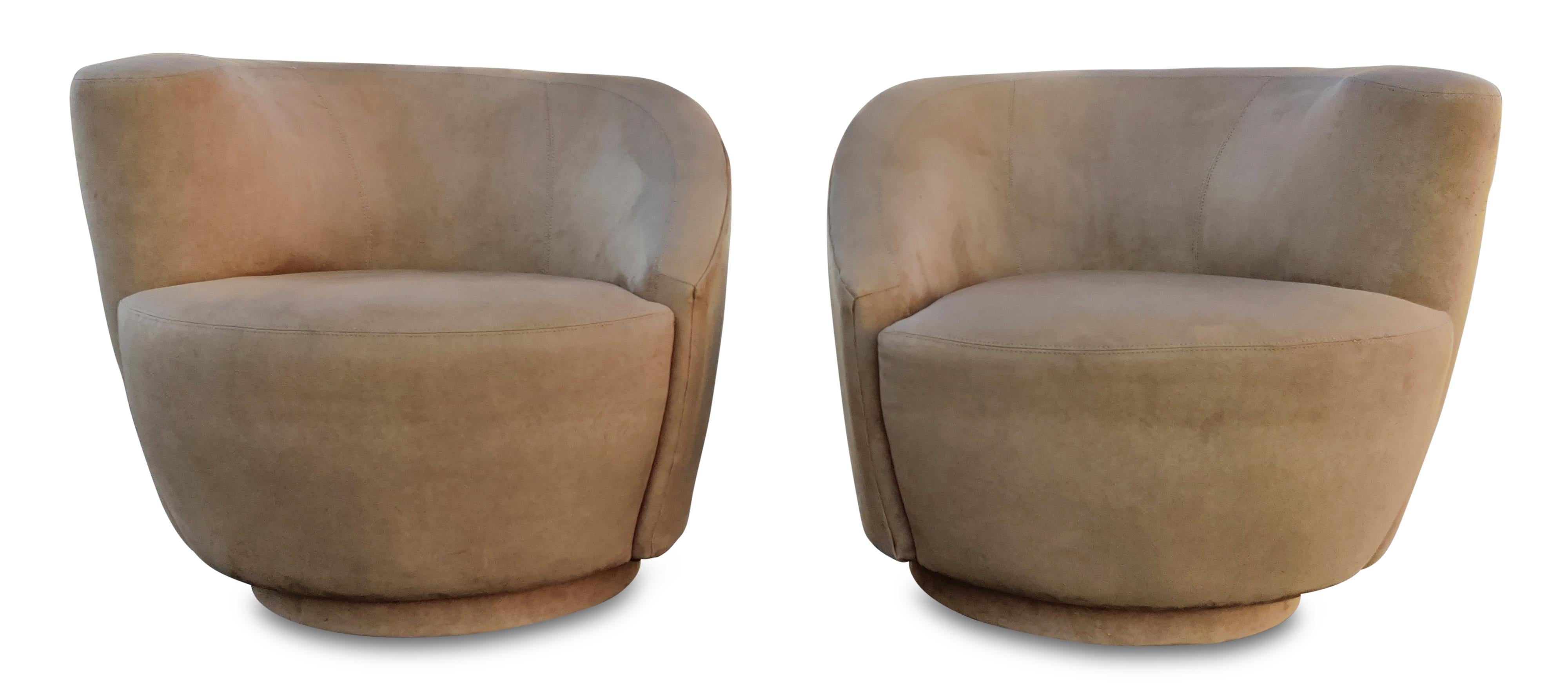 American Pair Scroll Corkscrew Light Brown Suede Swivel Lounge Chairs Mid-Century