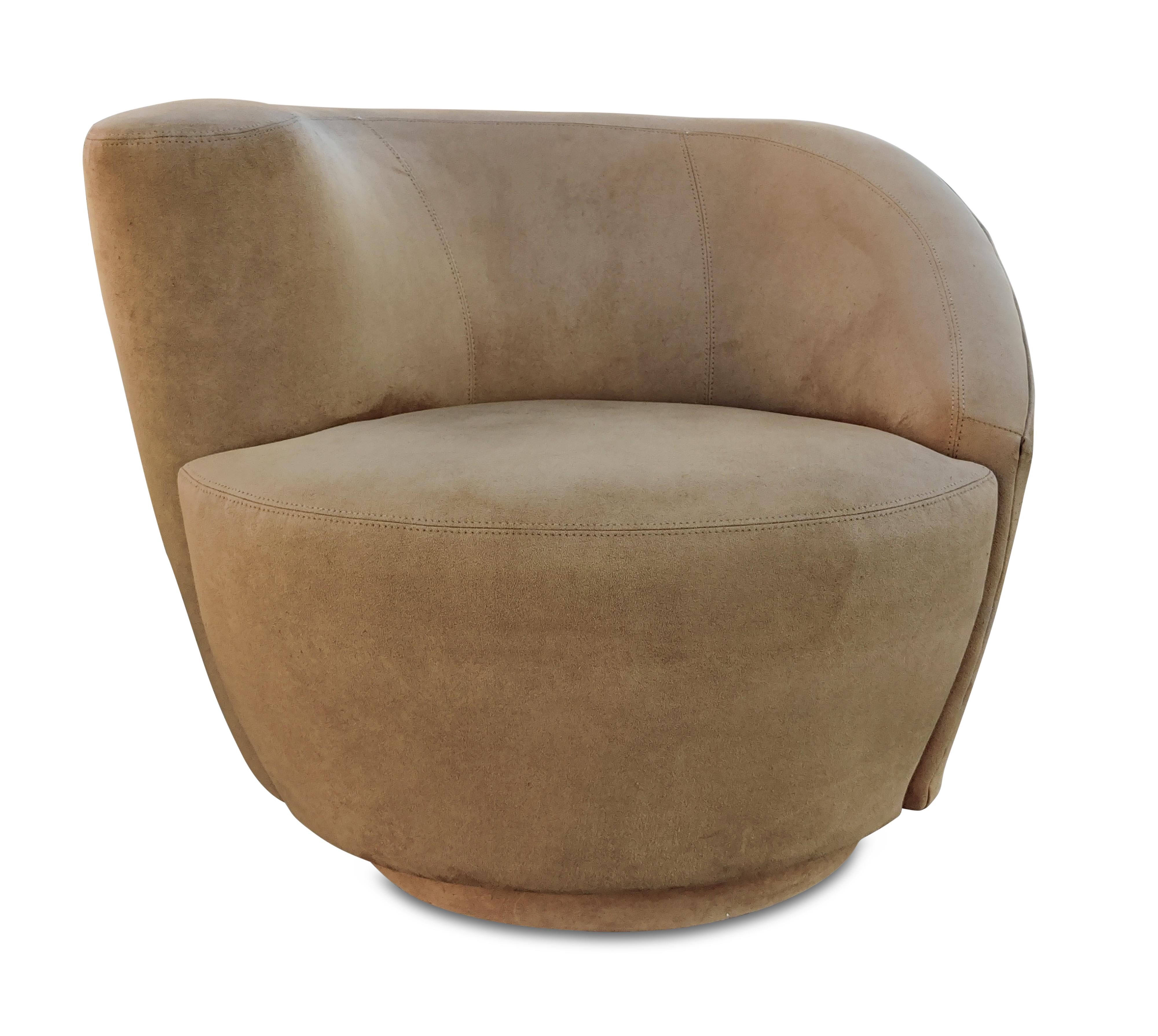 Pair Scroll Corkscrew Light Brown Suede Swivel Lounge Chairs Mid-Century In Good Condition In Philadelphia, PA