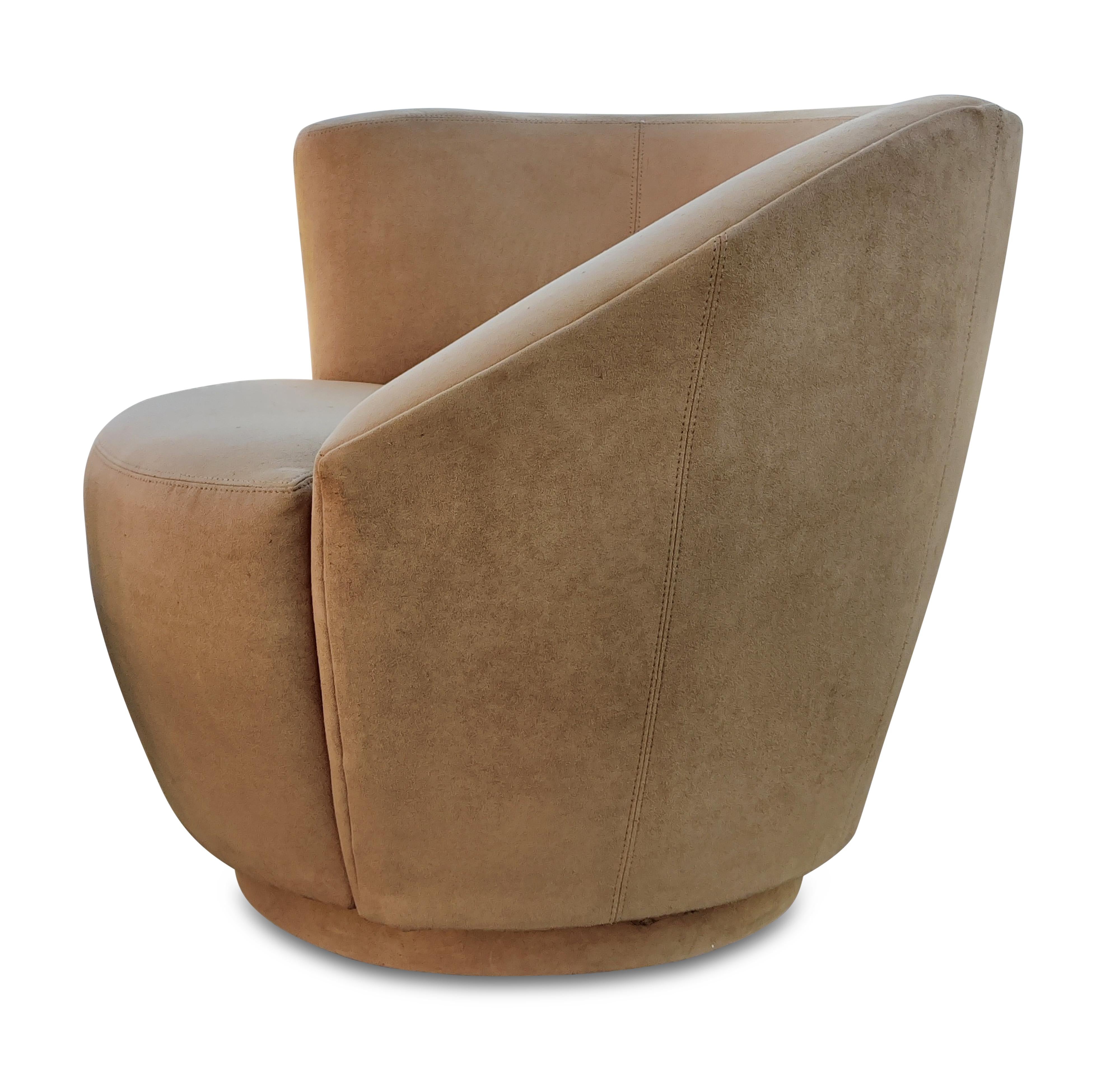 Late 20th Century Pair Scroll Corkscrew Light Brown Suede Swivel Lounge Chairs Mid-Century