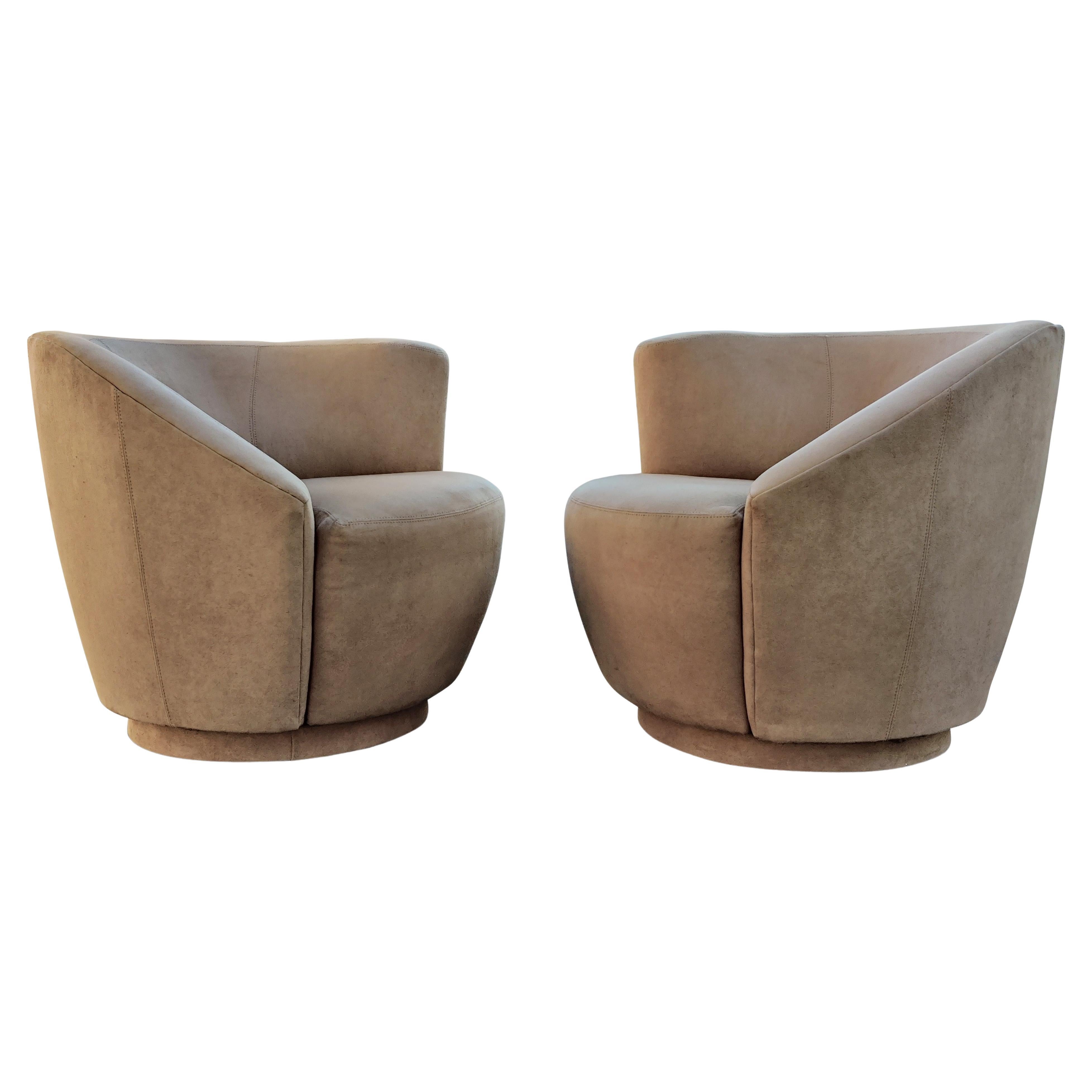 Pair Scroll Corkscrew Light Brown Suede Swivel Lounge Chairs Mid-Century