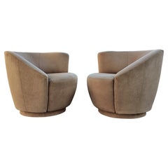 Vintage Pair Scroll Corkscrew Light Brown Suede Swivel Lounge Chairs Mid-Century