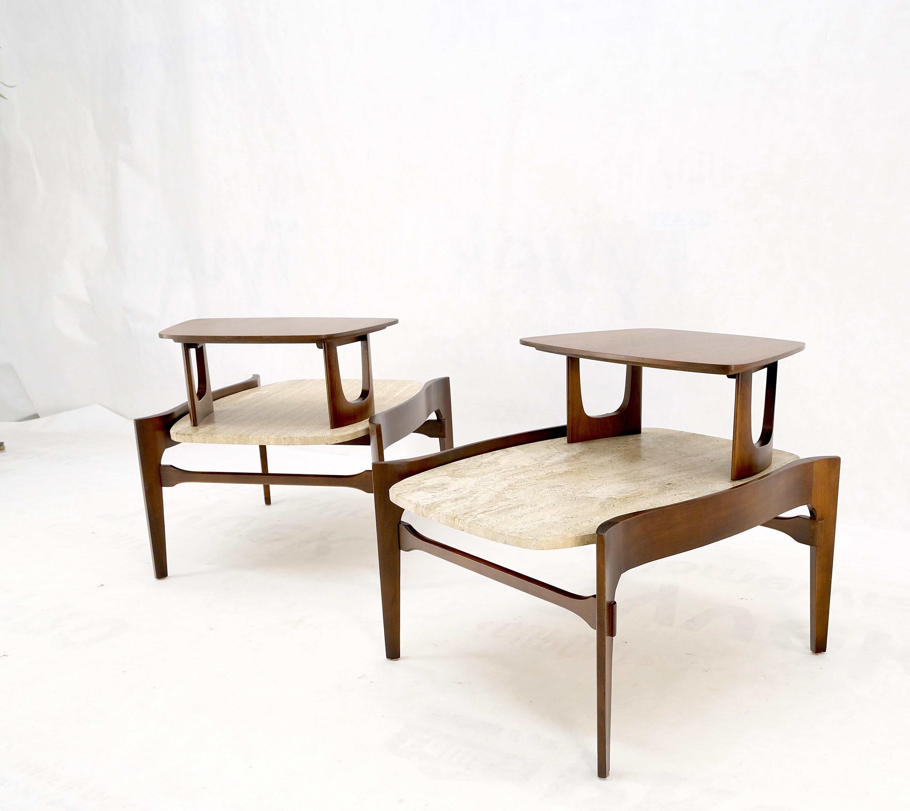Pair sculptural 1970s walnut travertine tops step side end tables singer sons mint!