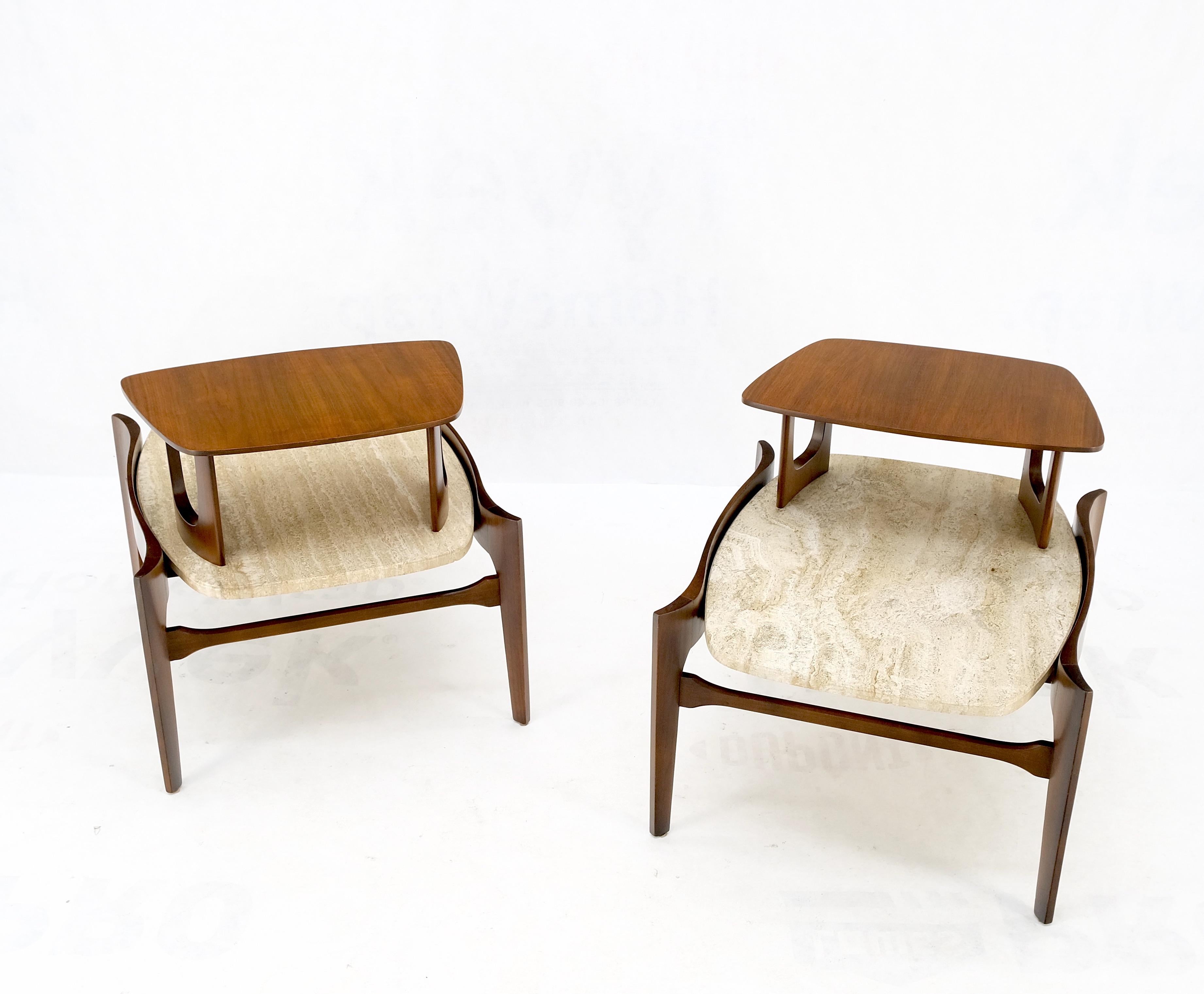 Mid-Century Modern Pair Sculptural 1970s Walnut Travertine Tops Step Side End Tables Singer Sons For Sale